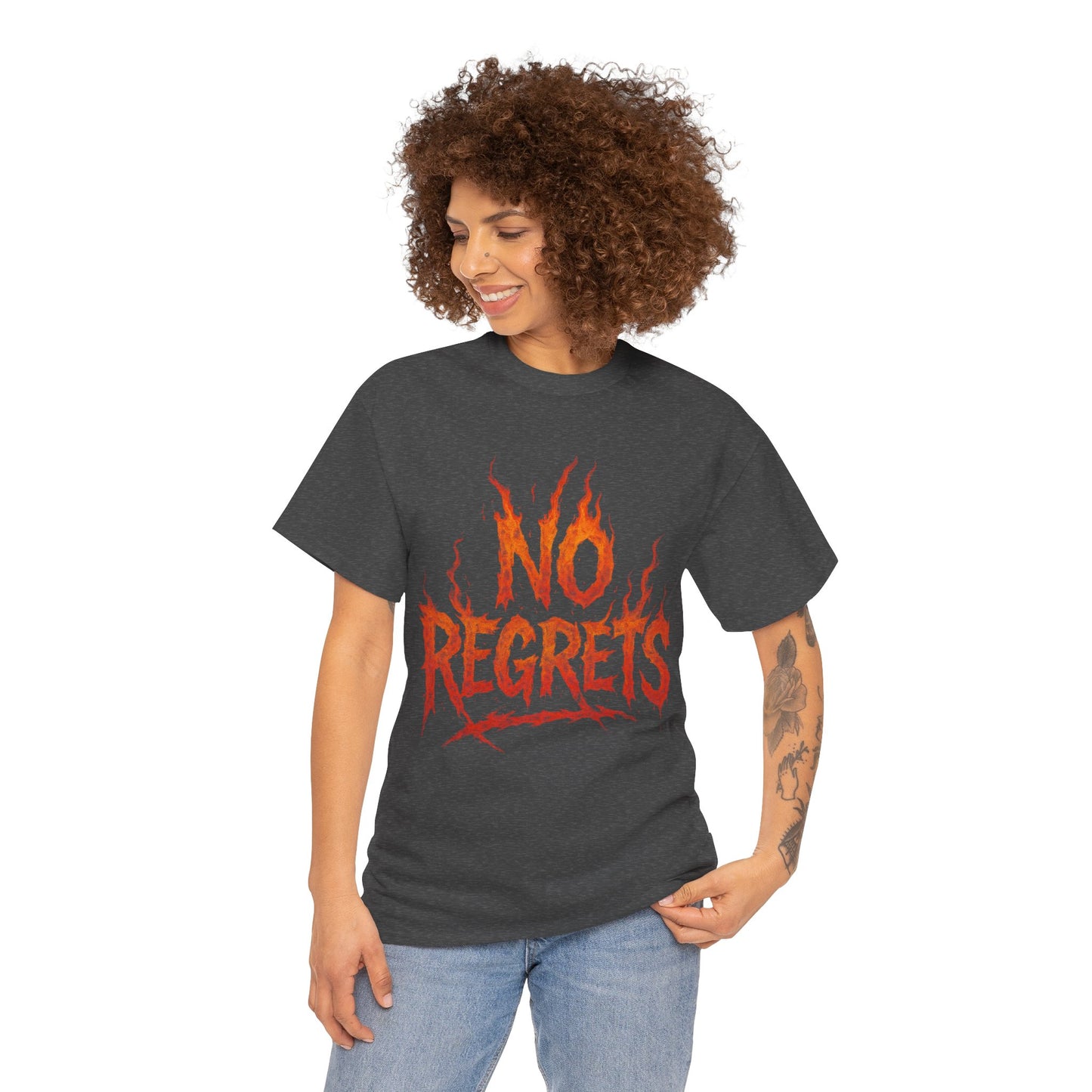 Graphic Tee — 'No Regrets' / 'Proof of Survival' Flame Text Shirt