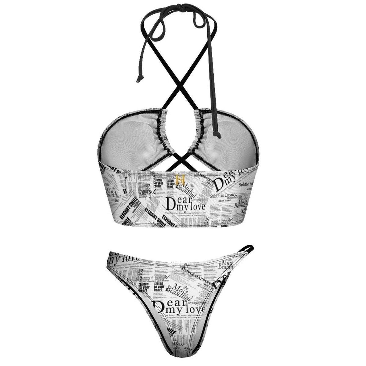 Newsprint Crisscross Cutout Bikini Set