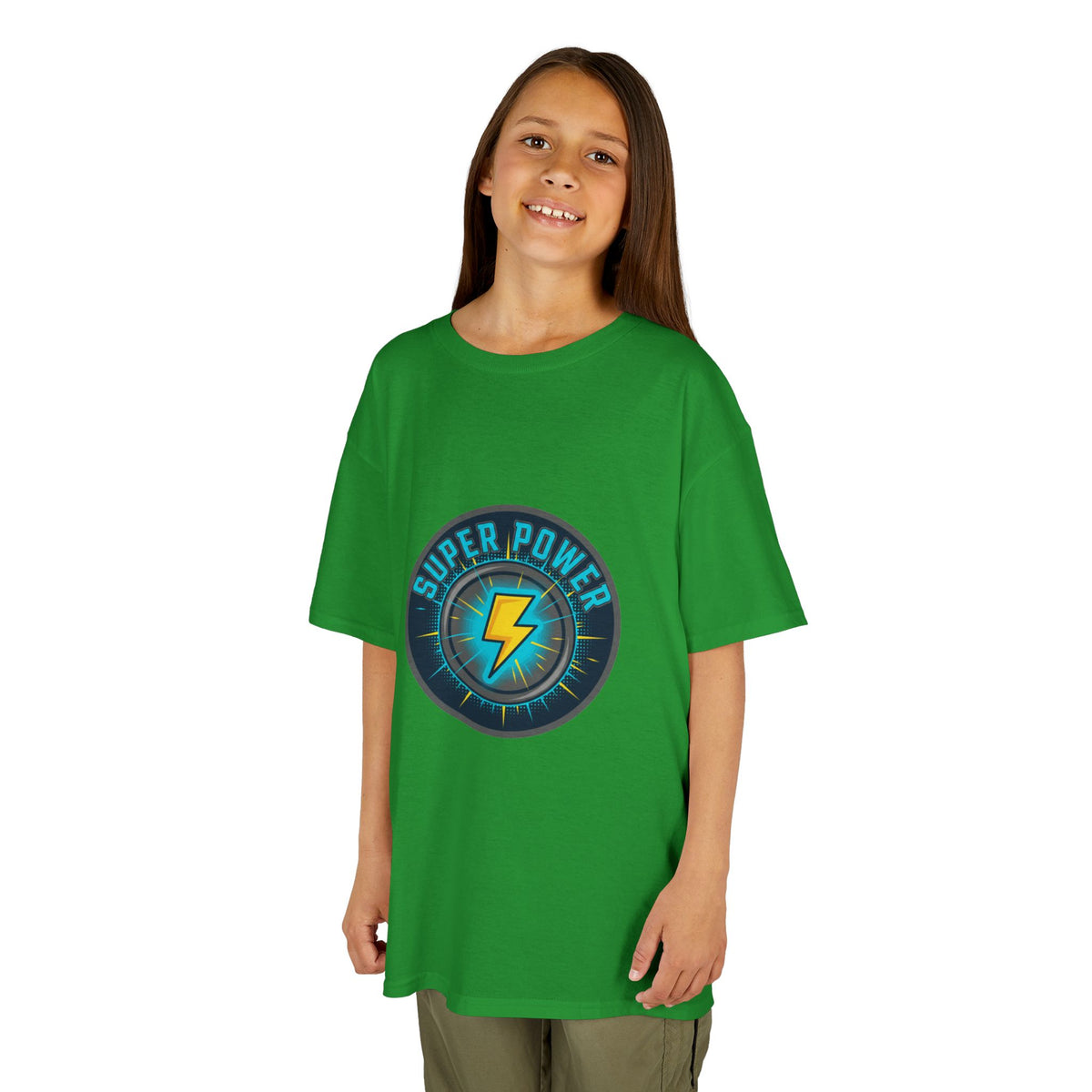 Kids Super Power T-Shirt — Lightning Bolt Badge & Running Superhero Graphic