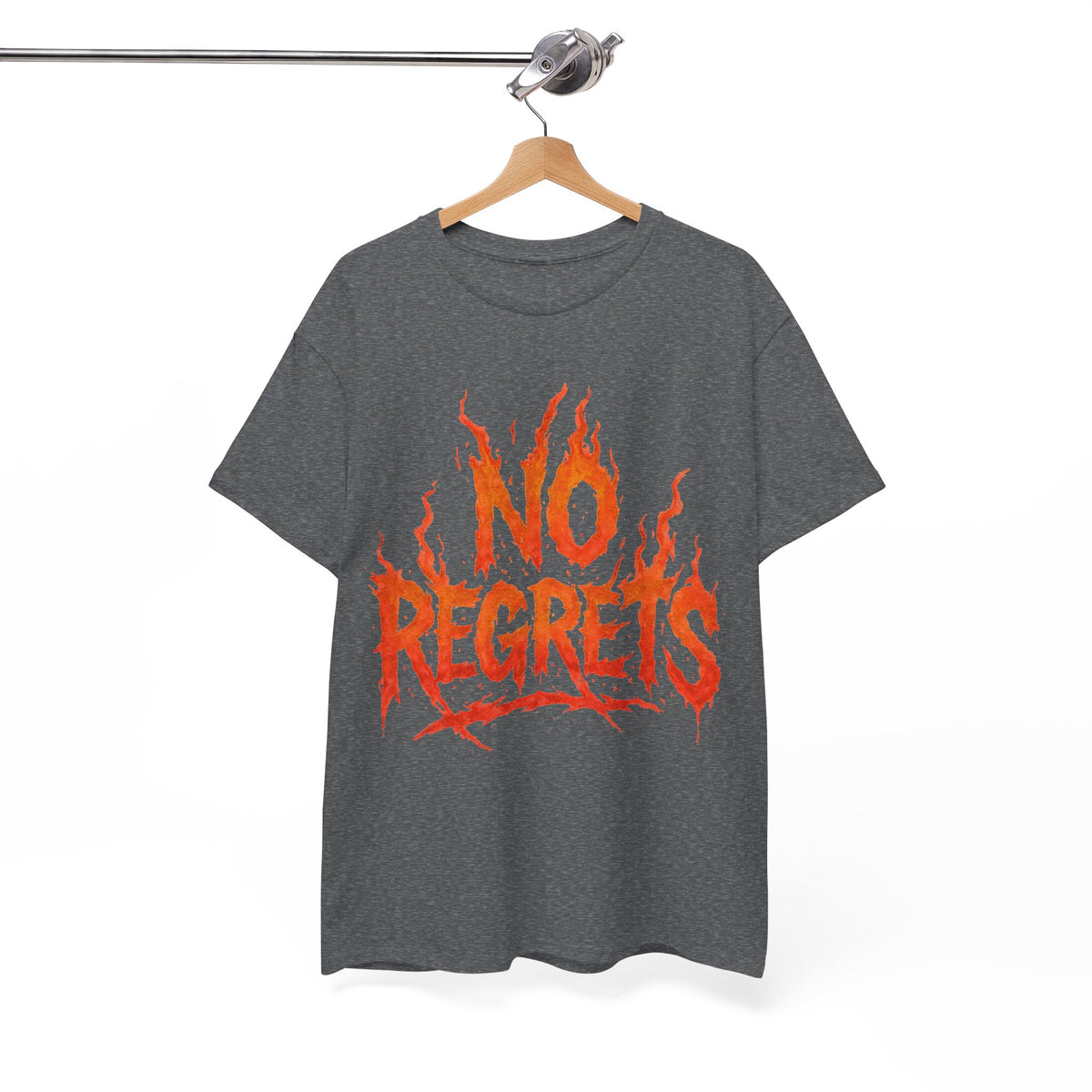 Graphic Tee — 'No Regrets' / 'Proof of Survival' Flame Text Shirt
