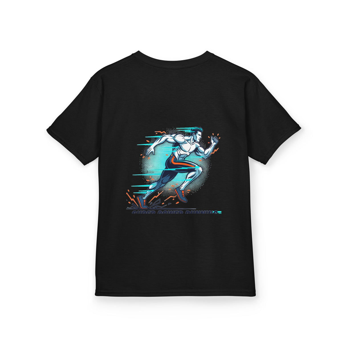 Kids Super Power T-Shirt — Lightning Bolt Badge & Running Superhero Graphic