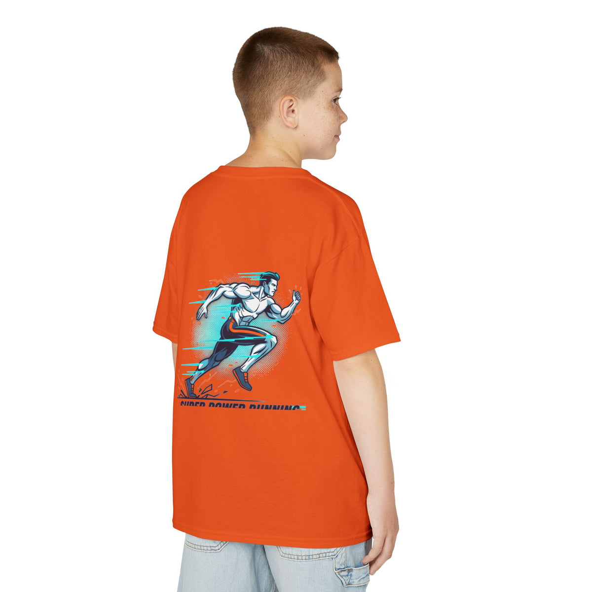 Kids Super Power T-Shirt — Lightning Bolt Badge & Running Superhero Graphic