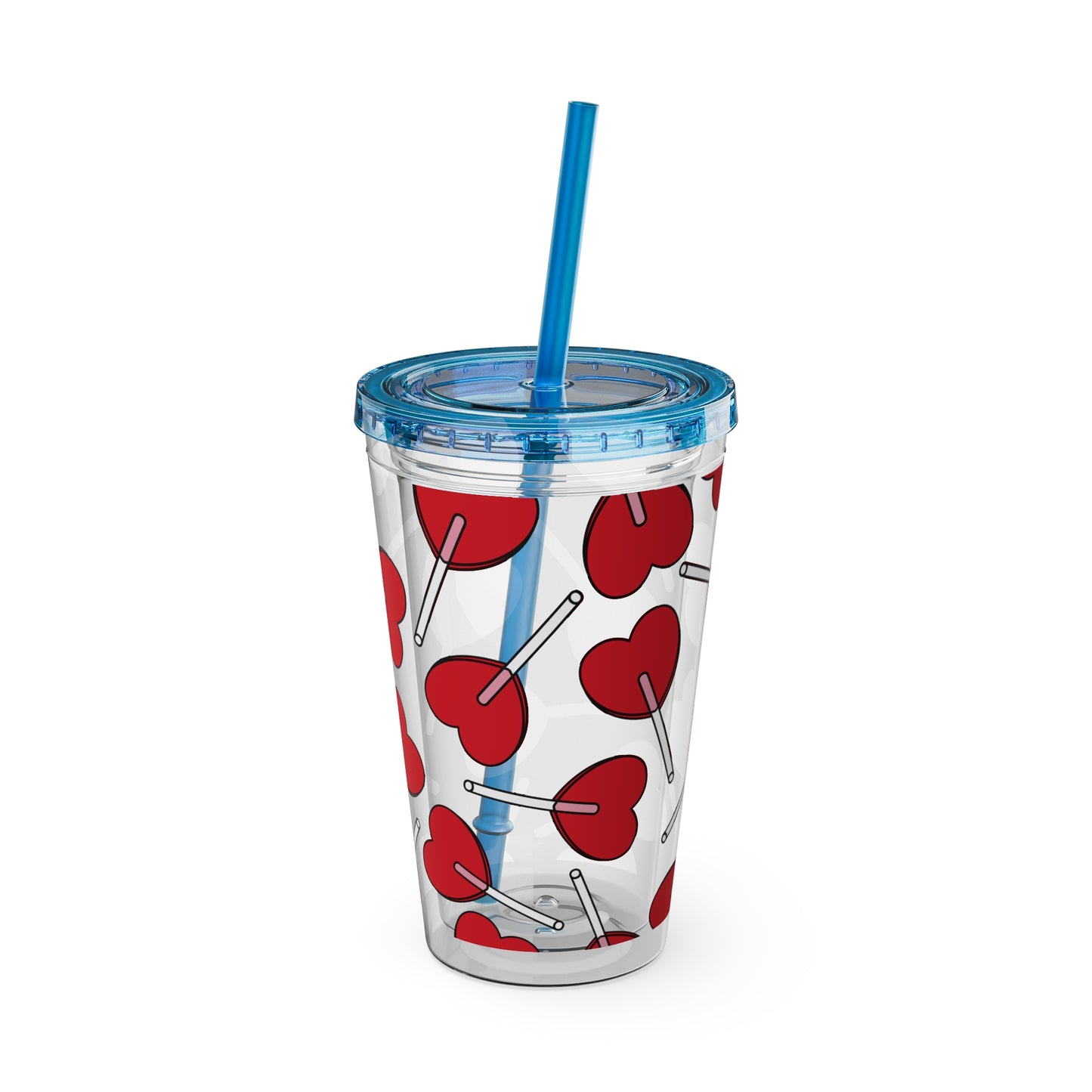 Heart Lollipop 16oz Tumbler with Straw — Valentine Candy Pattern Cold Cup
