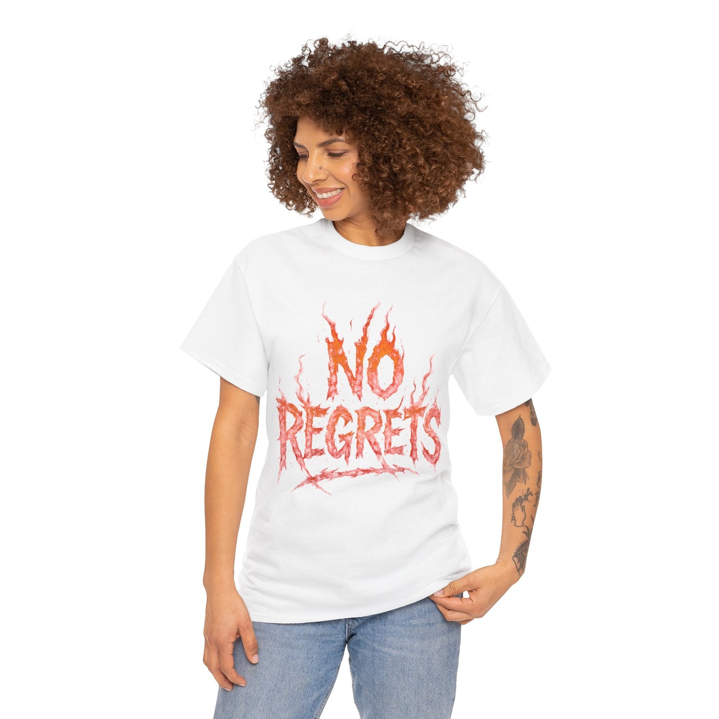 Graphic Tee — 'No Regrets' / 'Proof of Survival' Flame Text Shirt