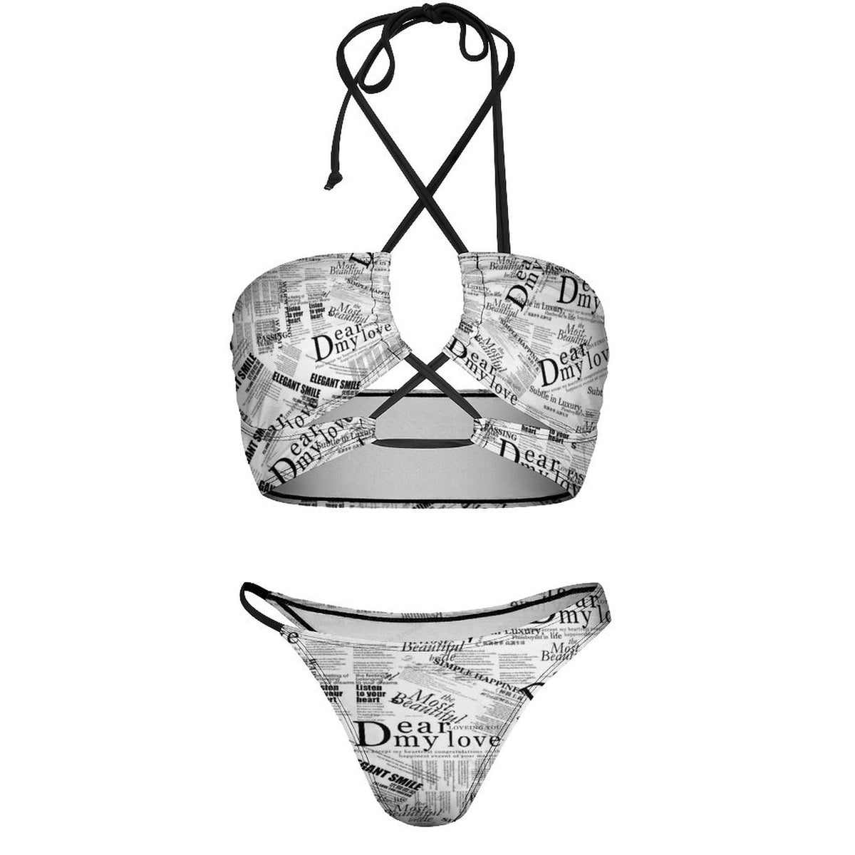 Newsprint Crisscross Cutout Bikini Set