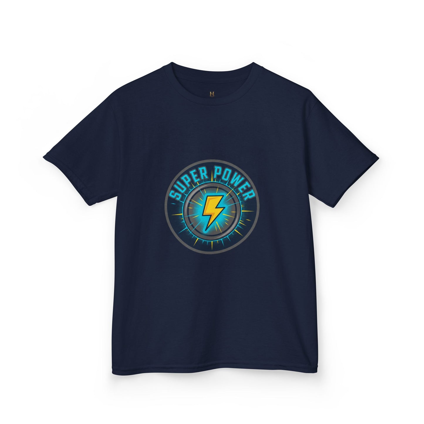 Kids Super Power T-Shirt — Lightning Bolt Badge & Running Superhero Graphic