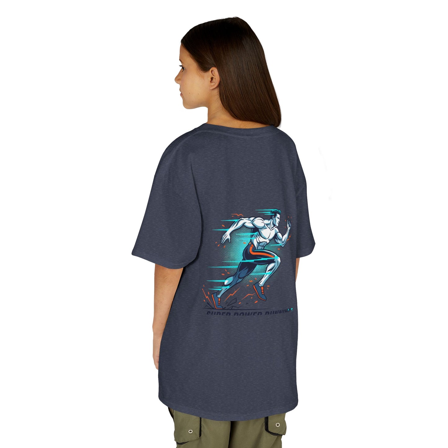 Kids Super Power T-Shirt — Lightning Bolt Badge & Running Superhero Graphic