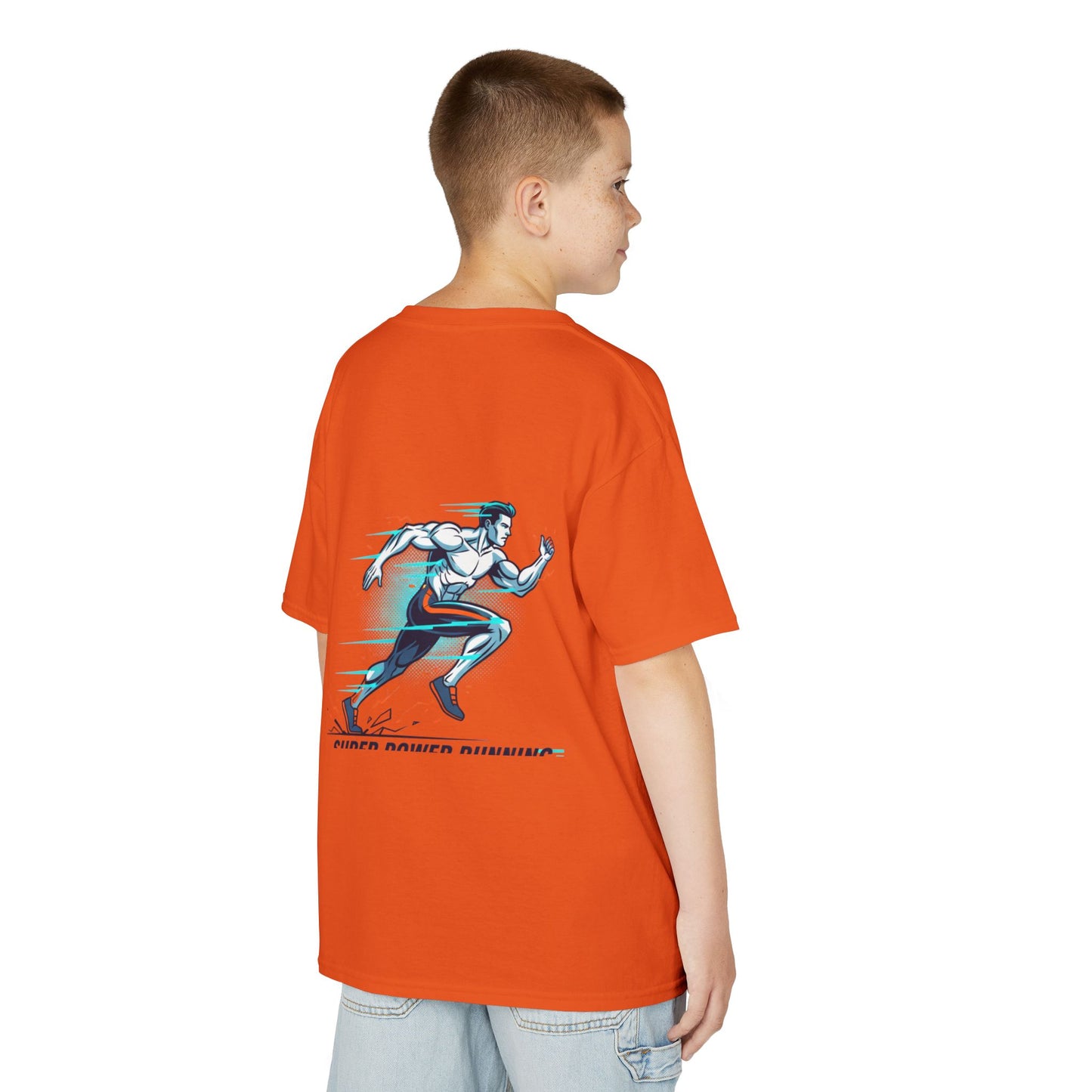 Kids Super Power T-Shirt — Lightning Bolt Badge & Running Superhero Graphic