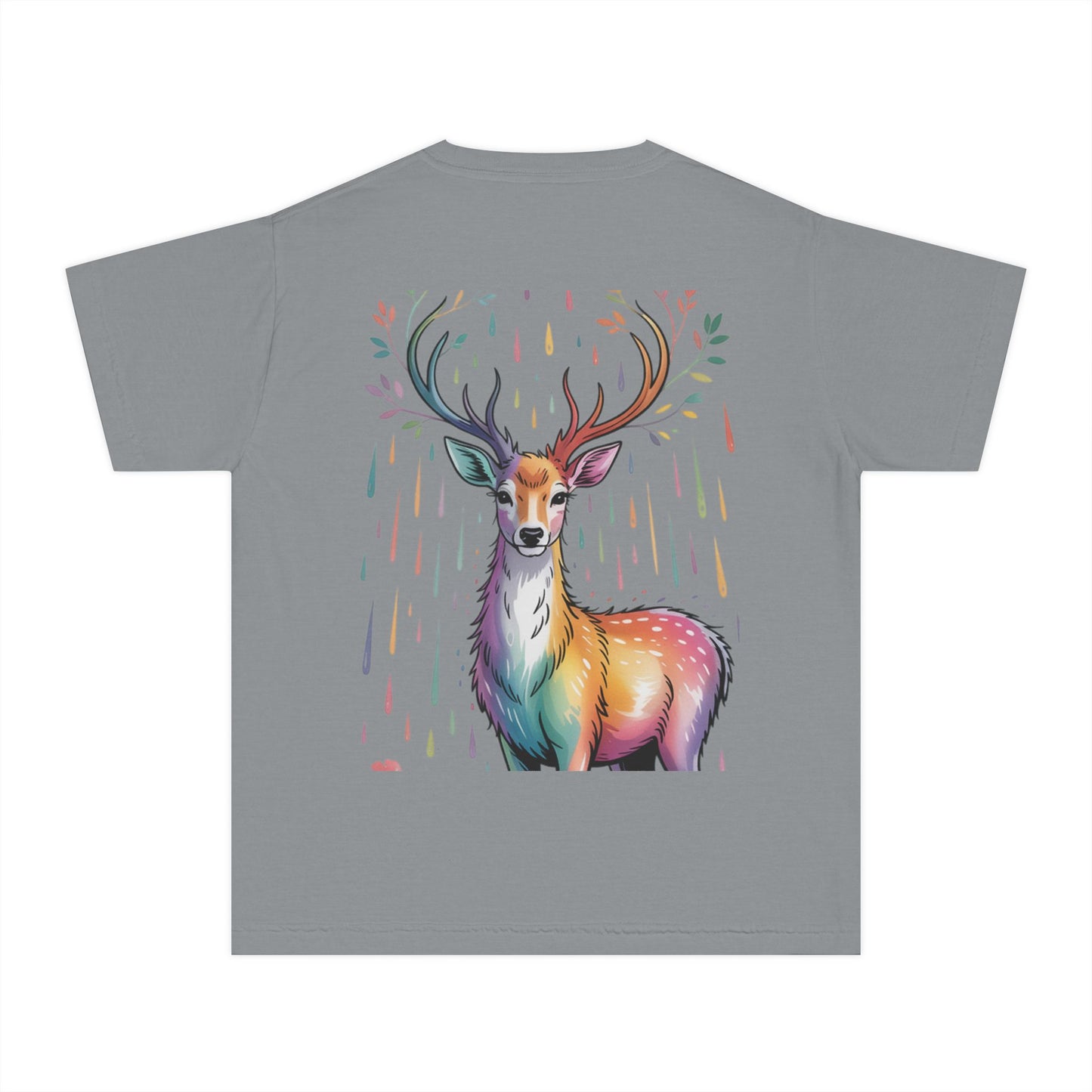 Colorful Nature Youth Tee - Artistic Water Droplet & Whimsical Deer Design
