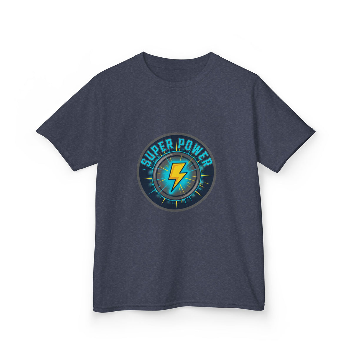 Kids Super Power T-Shirt — Lightning Bolt Badge & Running Superhero Graphic