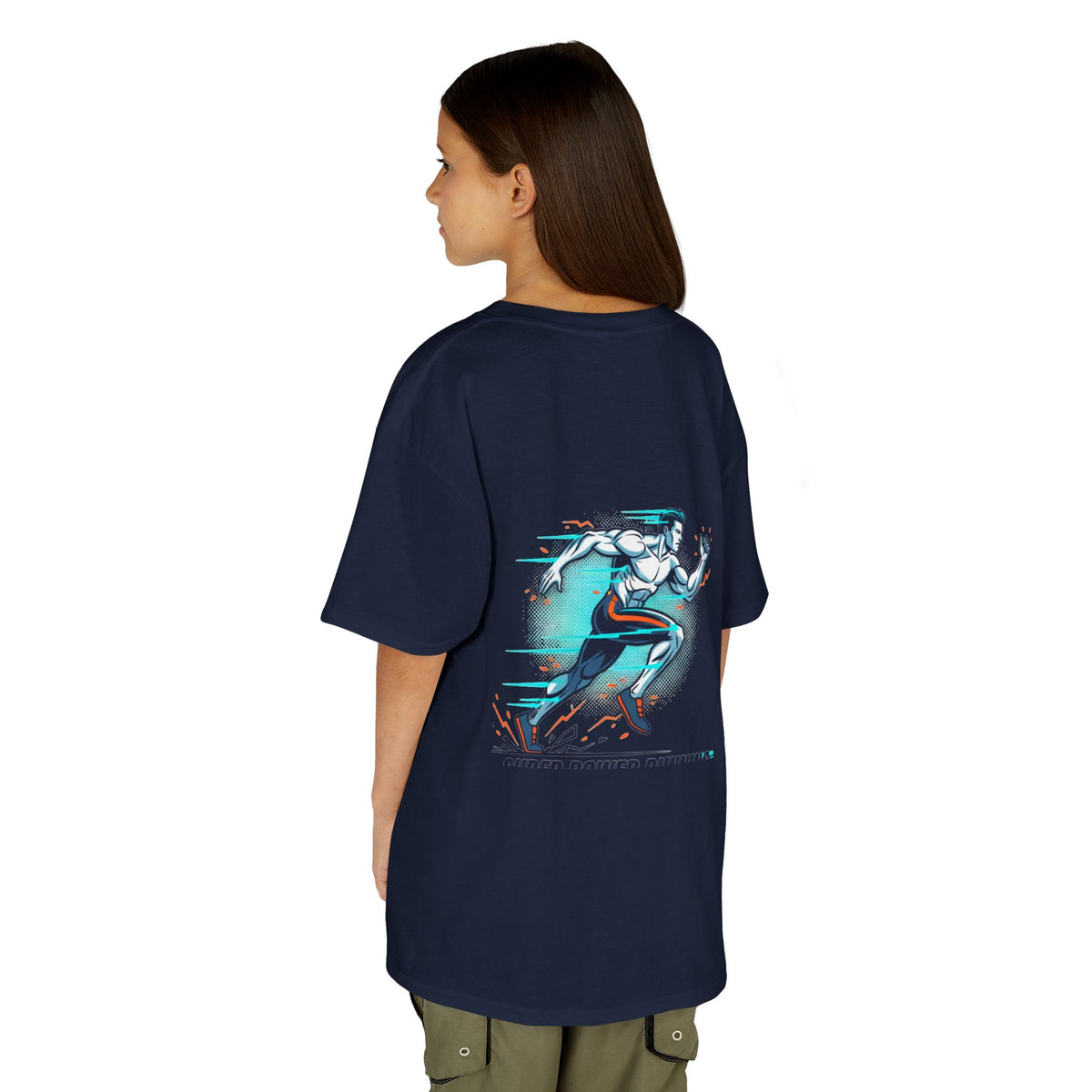 Kids Super Power T-Shirt — Lightning Bolt Badge & Running Superhero Graphic