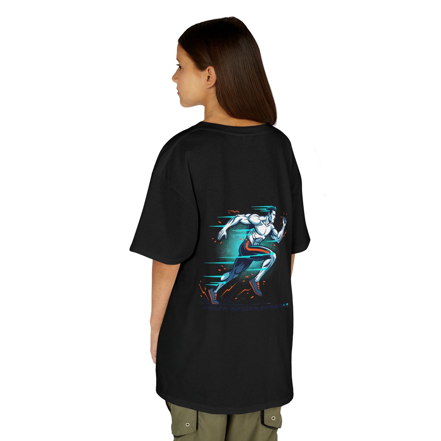 Kids Super Power T-Shirt — Lightning Bolt Badge & Running Superhero Graphic
