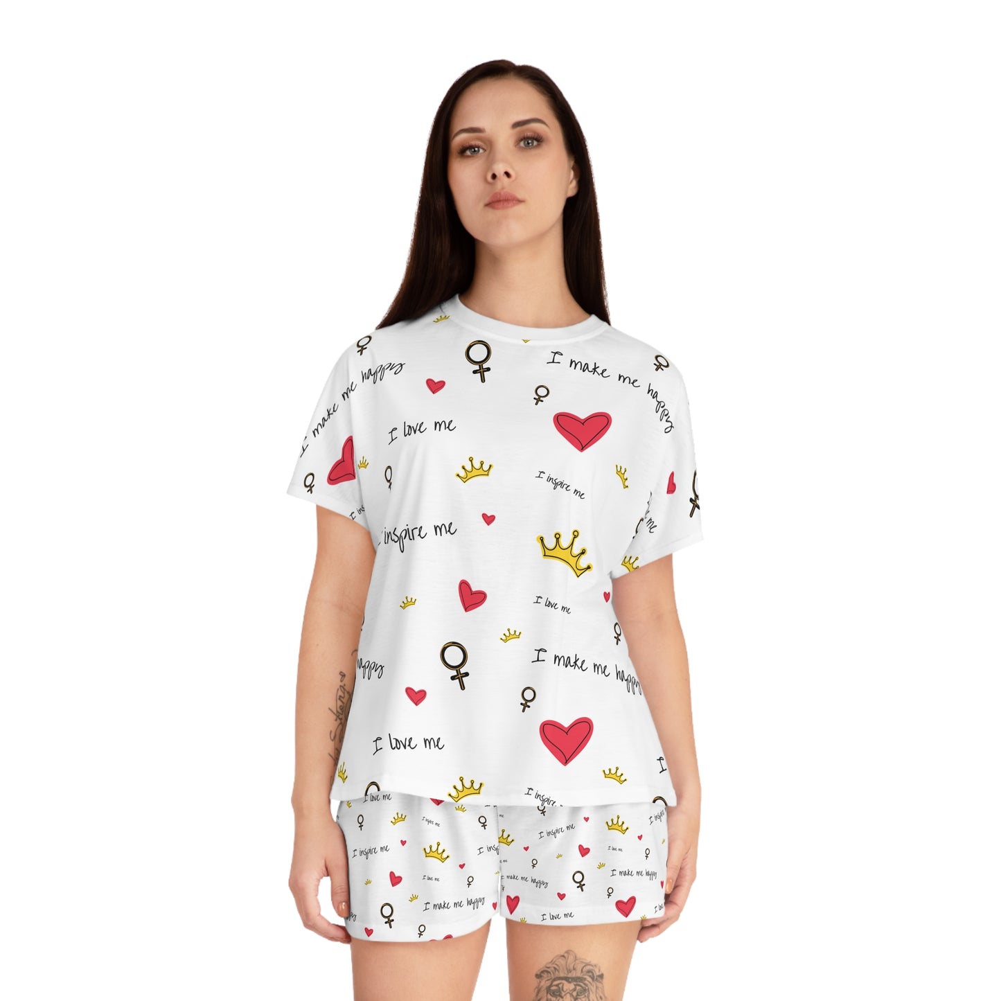 Women's Short Pajama Set - Self-Love Charm, Cozy Sleepwear, Heart and Crown Designs, Perfect for Girlfriend Gifts, Relaxed Lounging, [...]
