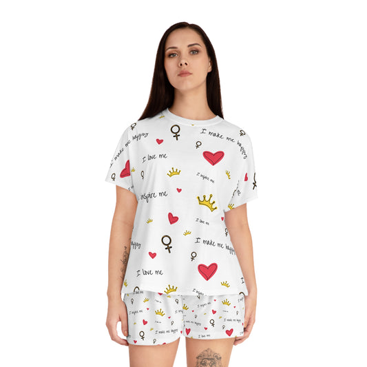 Women's Short Pajama Set - Self-Love Charm, Cozy Sleepwear, Heart and Crown Designs, Perfect for Girlfriend Gifts, Relaxed Lounging, [...]