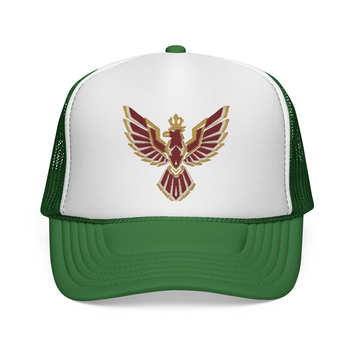 Phoenix Emblem Trucker Cap — Retro Red & Gold Bird Patch Hat