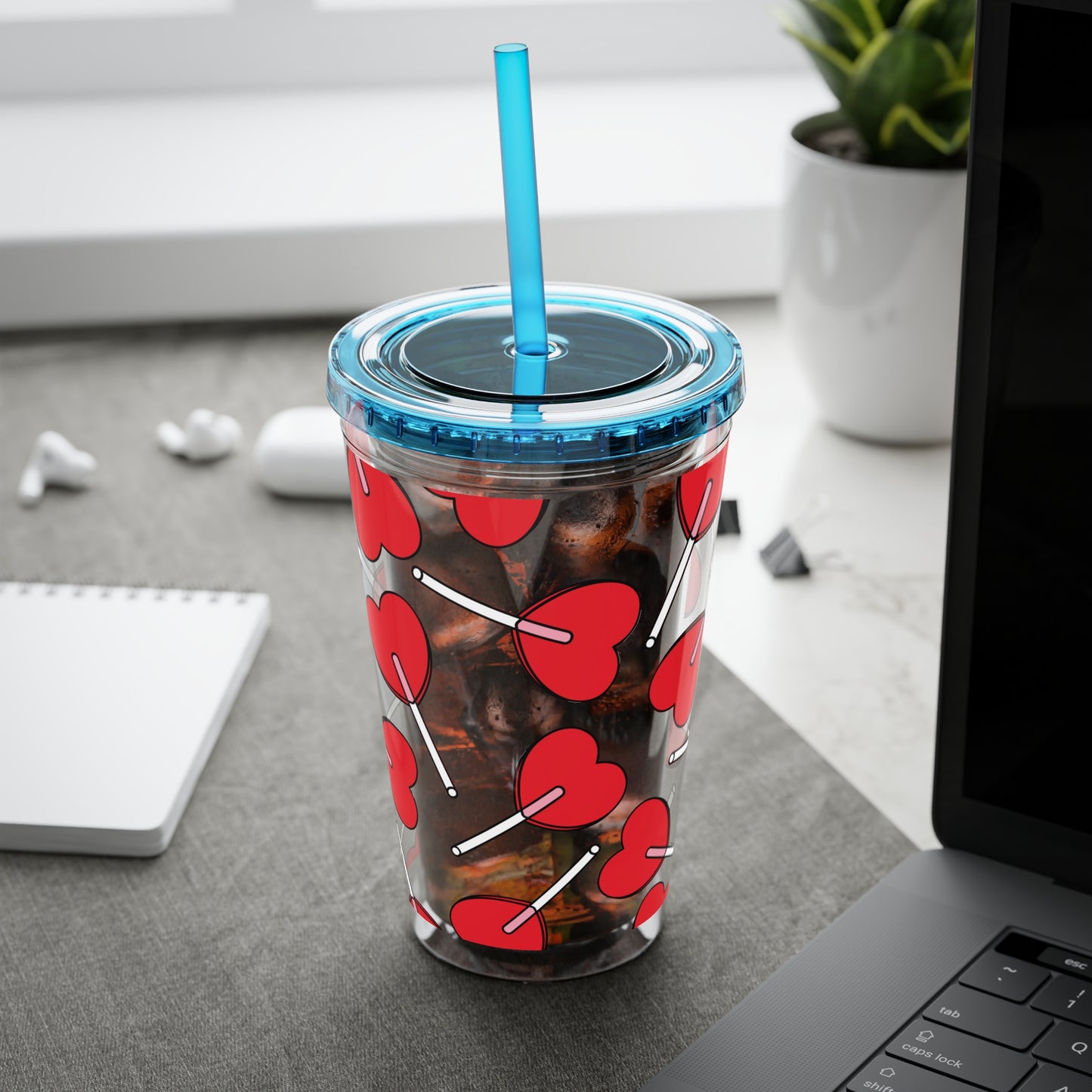 Heart Lollipop 16oz Tumbler with Straw — Valentine Candy Pattern Cold Cup