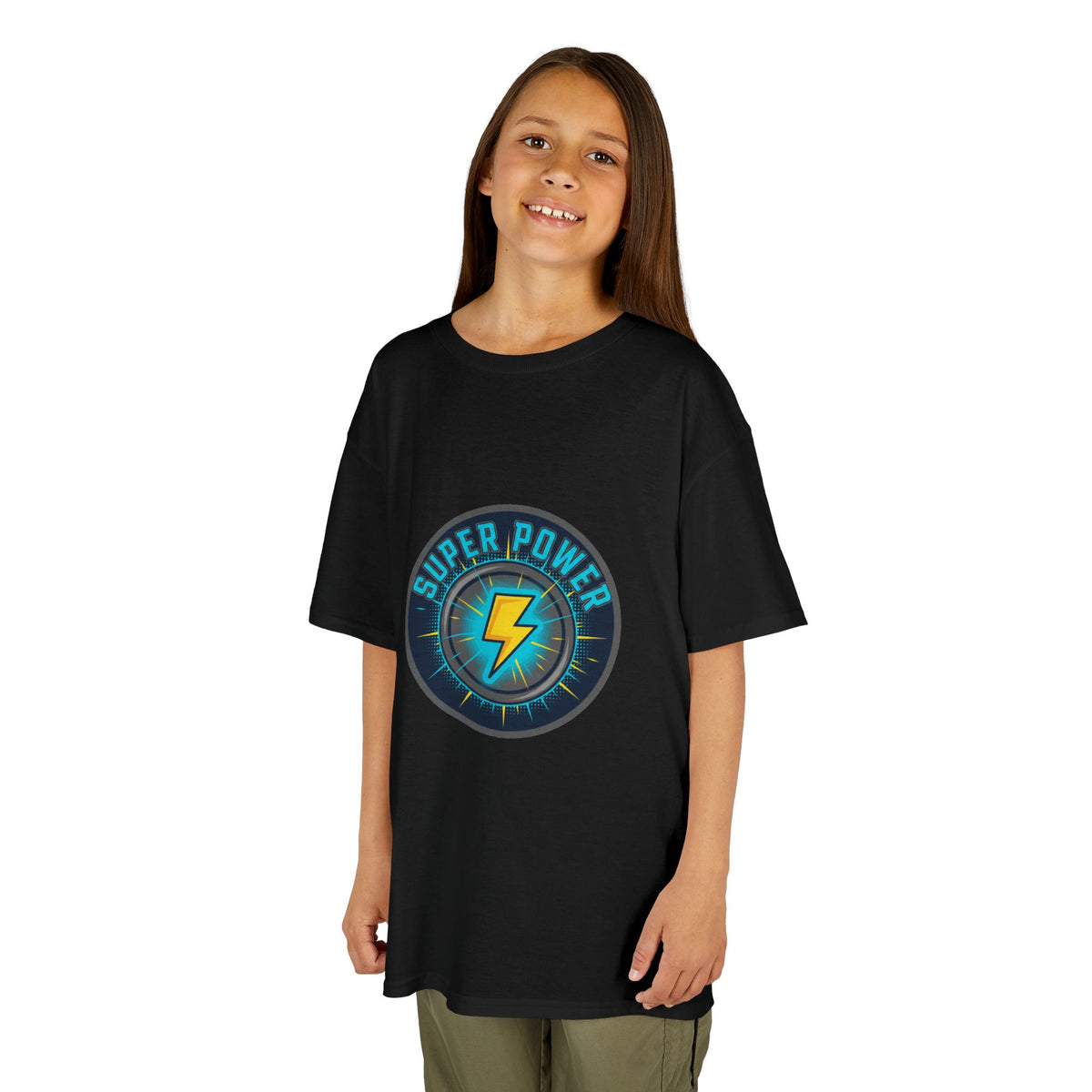 Kids Super Power T-Shirt — Lightning Bolt Badge & Running Superhero Graphic