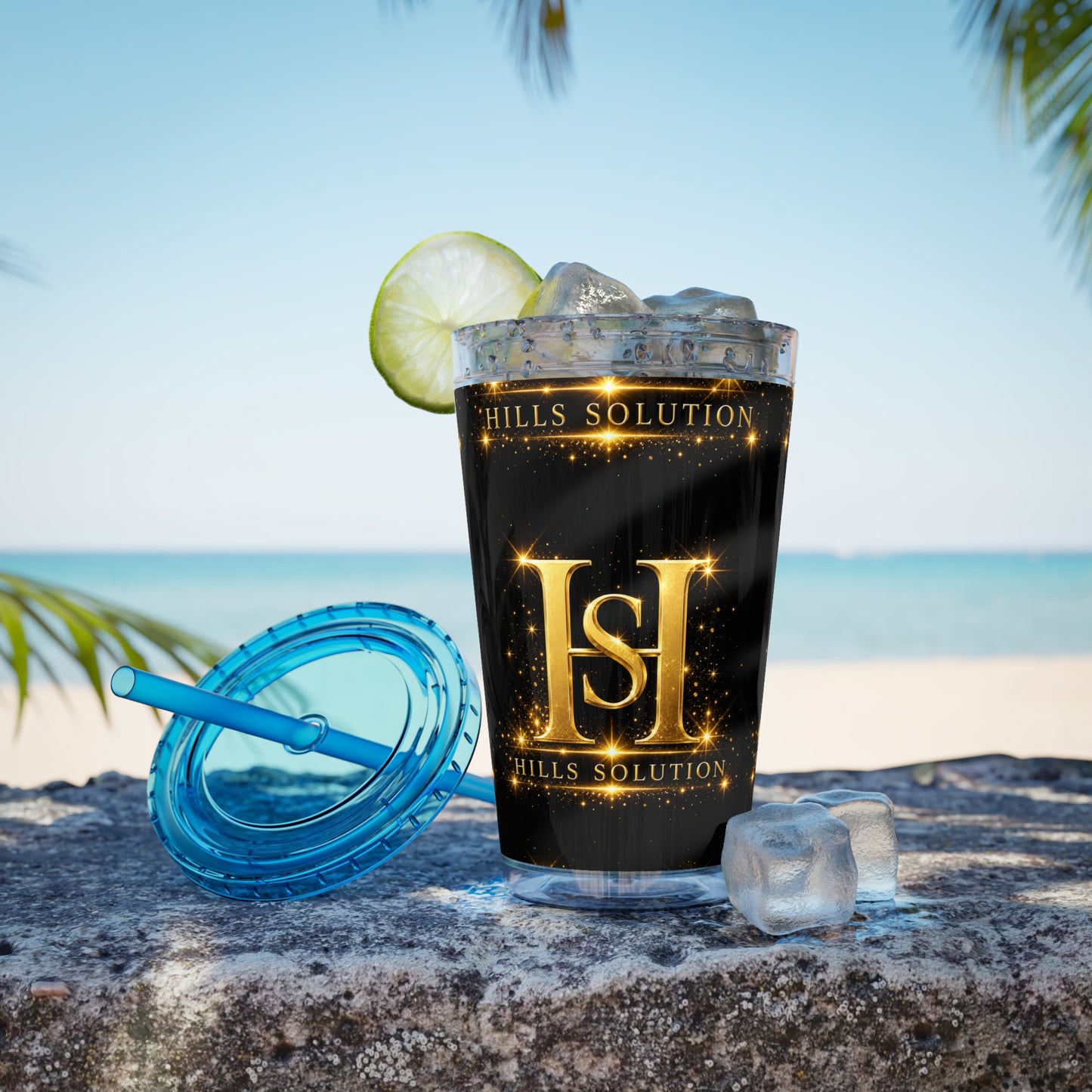16oz Sunsplash Straw Tumbler — Gold 'HS' Logo Insulated Cup