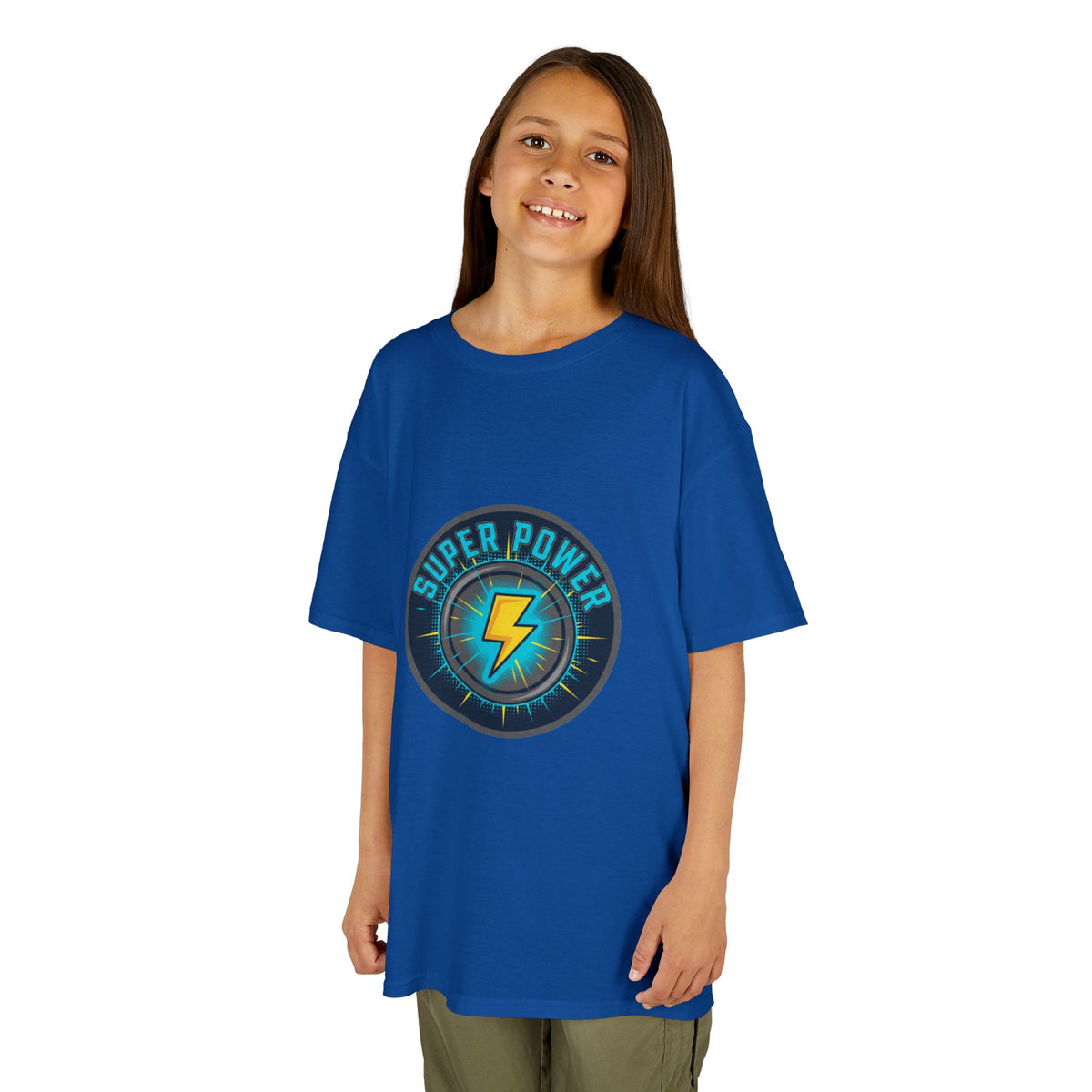 Kids Super Power T-Shirt — Lightning Bolt Badge & Running Superhero Graphic