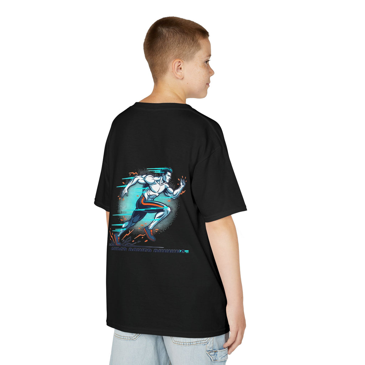 Kids Super Power T-Shirt — Lightning Bolt Badge & Running Superhero Graphic