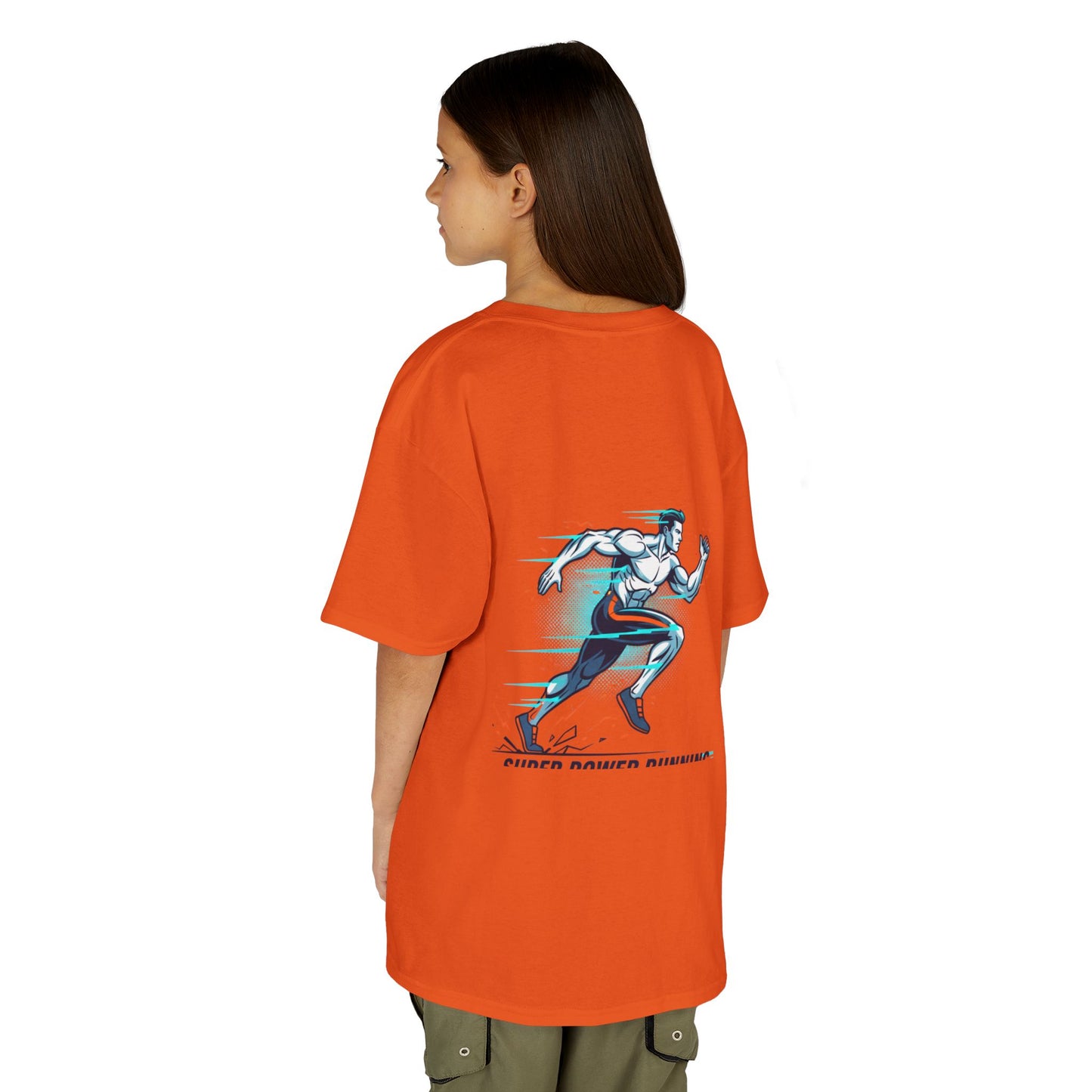 Kids Super Power T-Shirt — Lightning Bolt Badge & Running Superhero Graphic