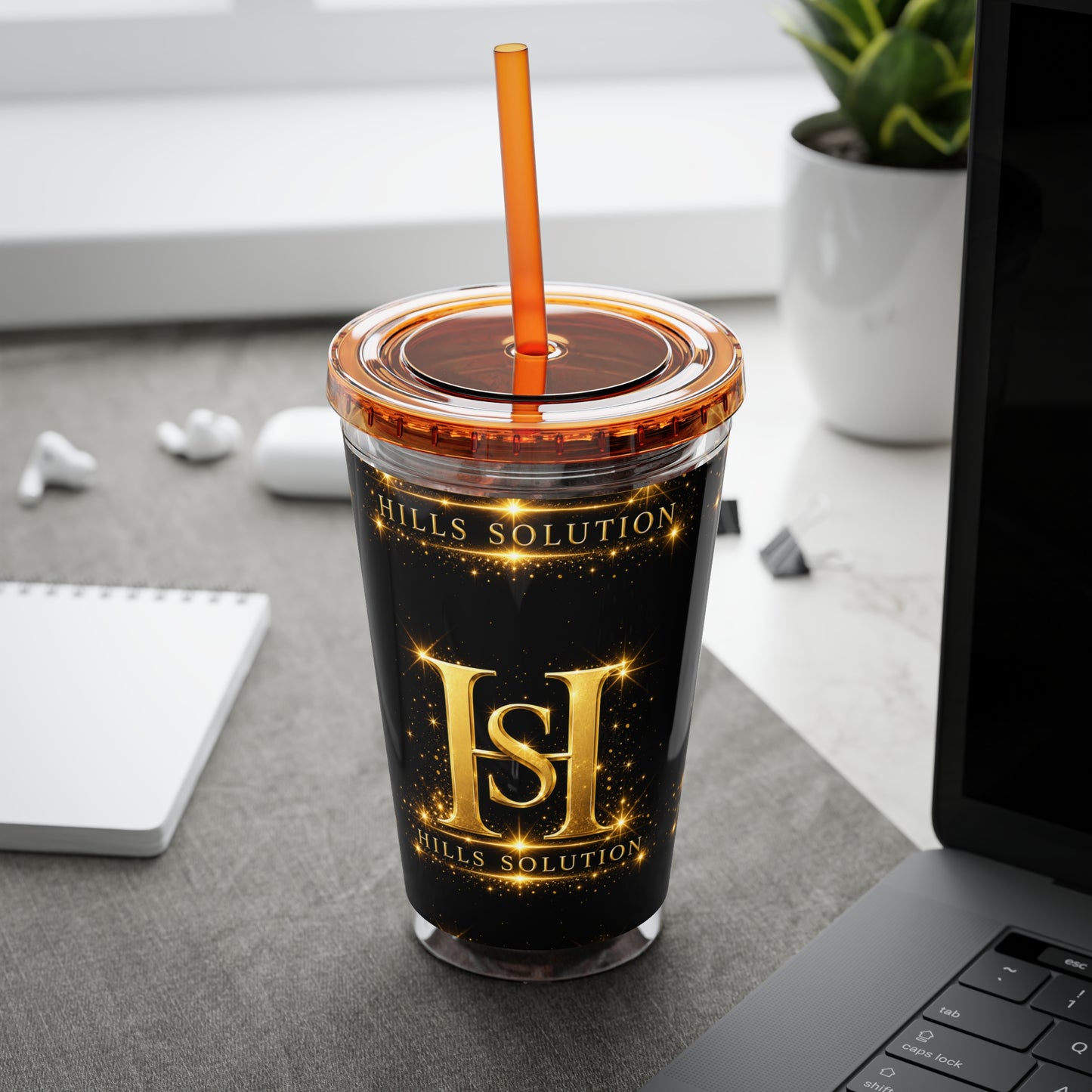 16oz Sunsplash Straw Tumbler — Gold 'HS' Logo Insulated Cup
