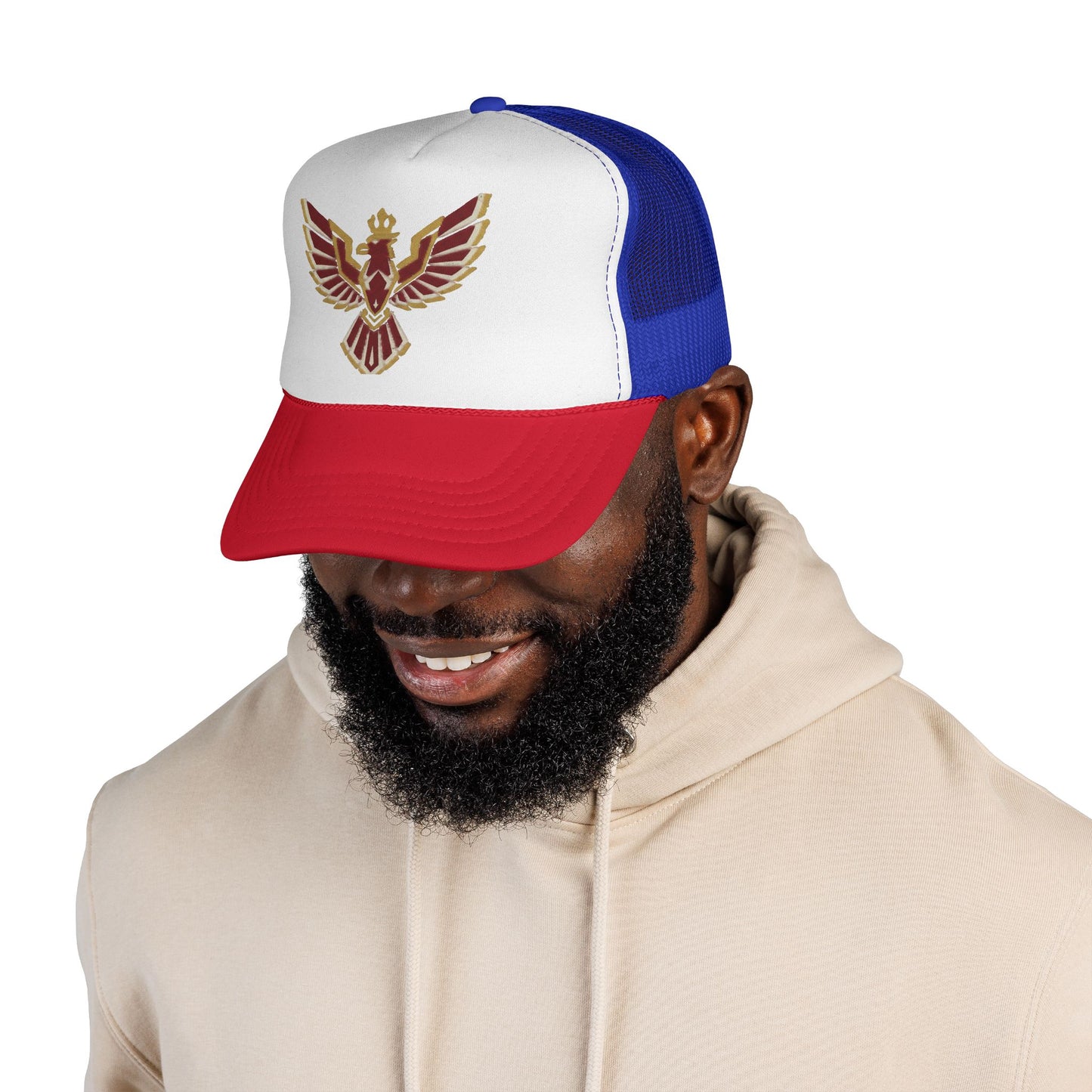 Phoenix Emblem Trucker Cap — Retro Red & Gold Bird Patch Hat