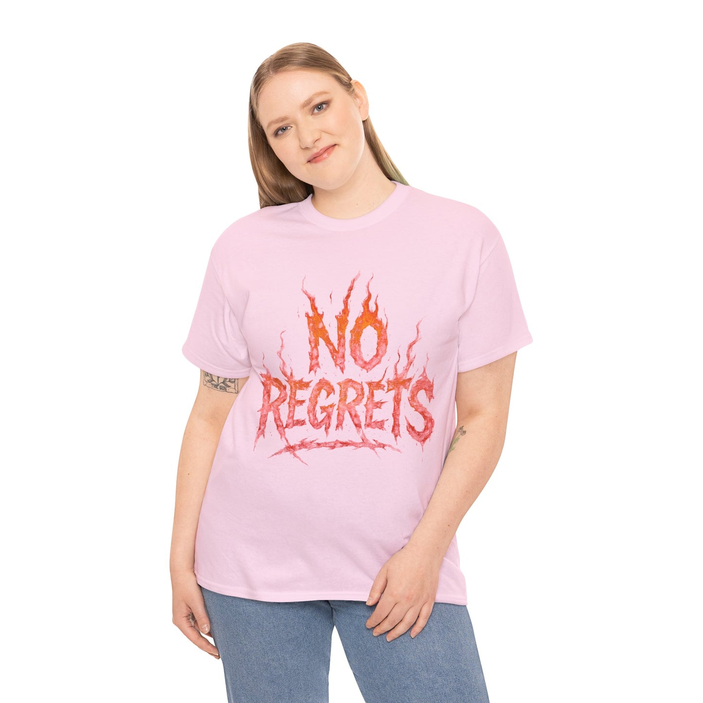 Graphic Tee — 'No Regrets' / 'Proof of Survival' Flame Text Shirt