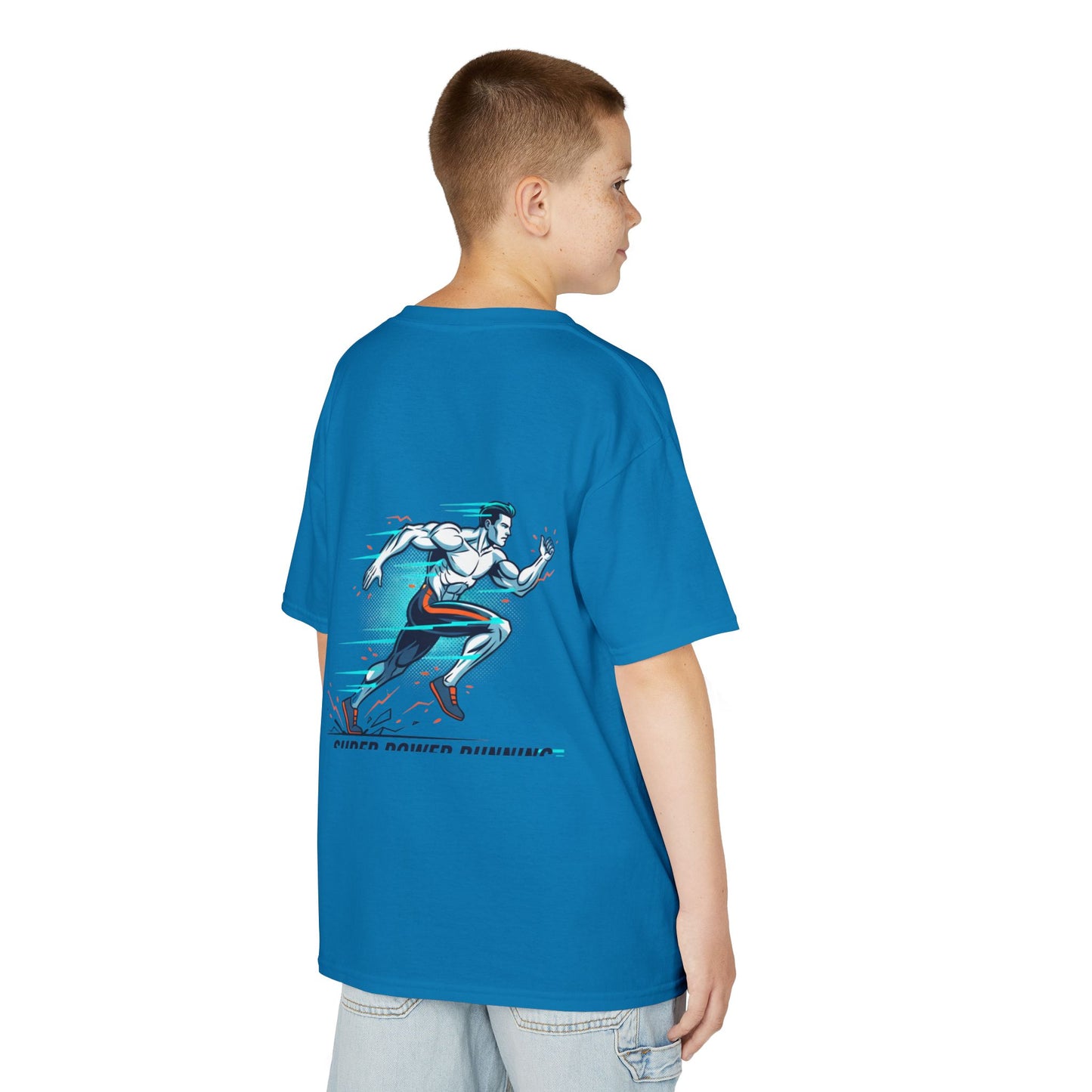 Kids Super Power T-Shirt — Lightning Bolt Badge & Running Superhero Graphic