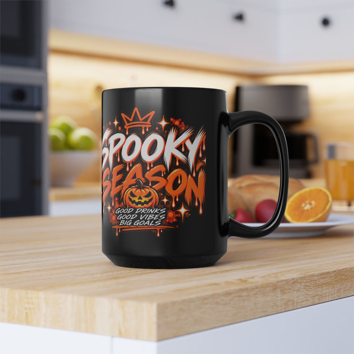 Spooky Season Black Coffee Cup — Halloween Pumpkin Graphic (15oz)