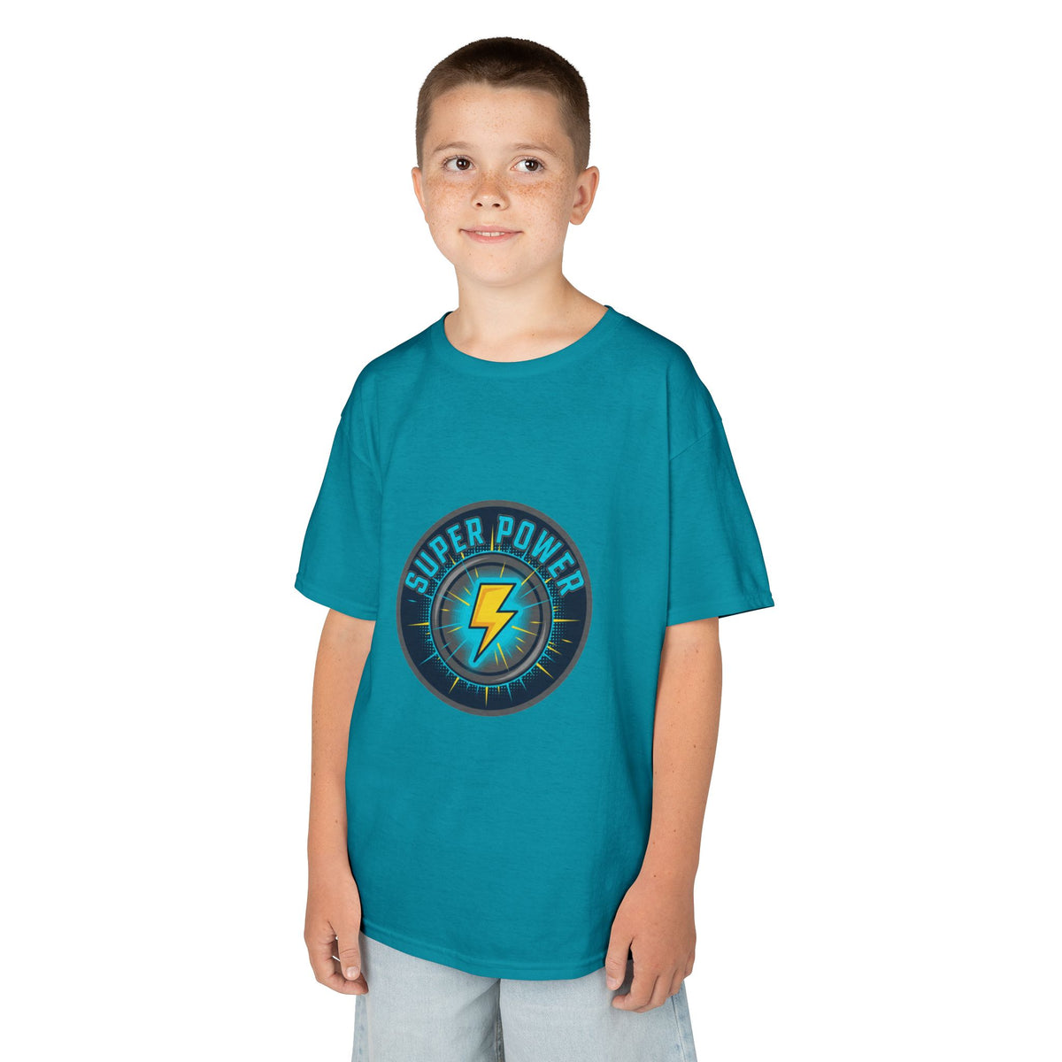 Kids Super Power T-Shirt — Lightning Bolt Badge & Running Superhero Graphic