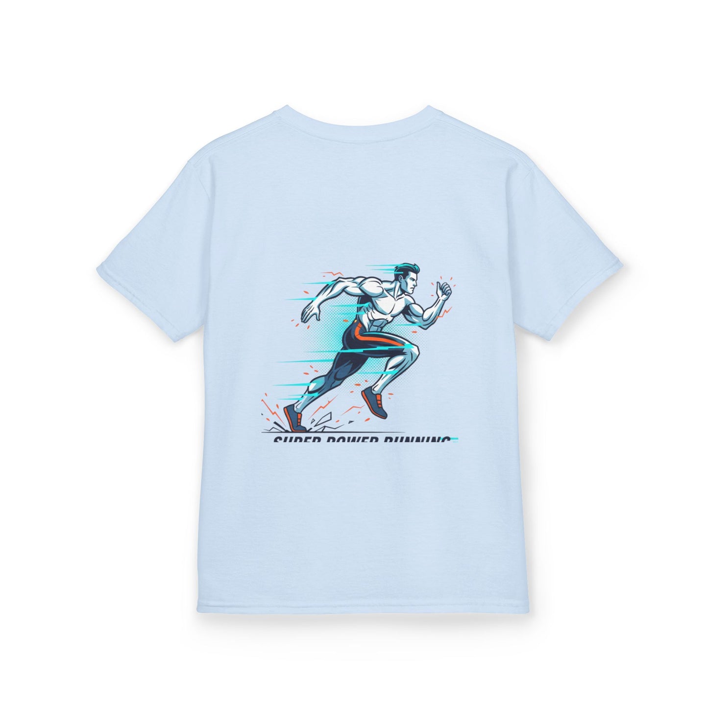 Kids Super Power T-Shirt — Lightning Bolt Badge & Running Superhero Graphic