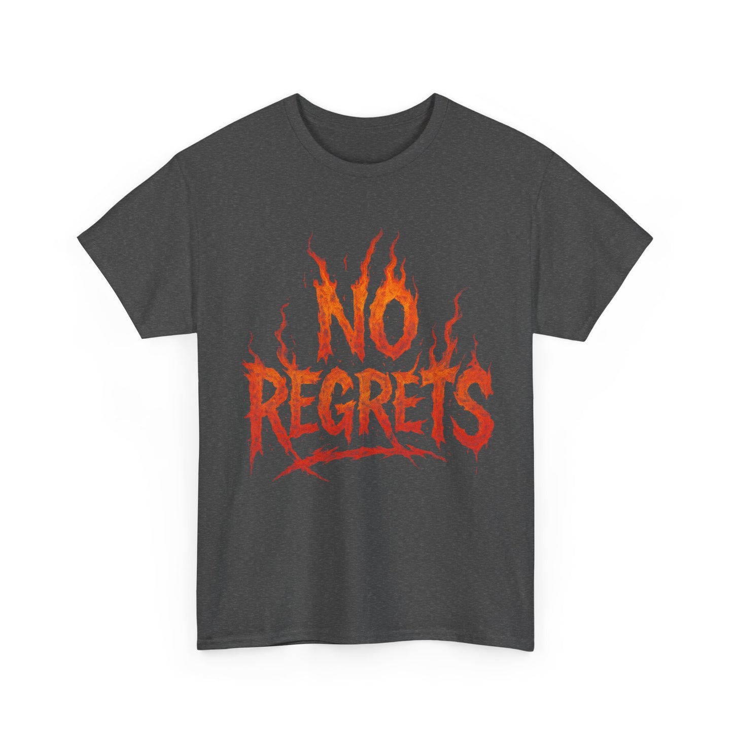 Graphic Tee — 'No Regrets' / 'Proof of Survival' Flame Text Shirt