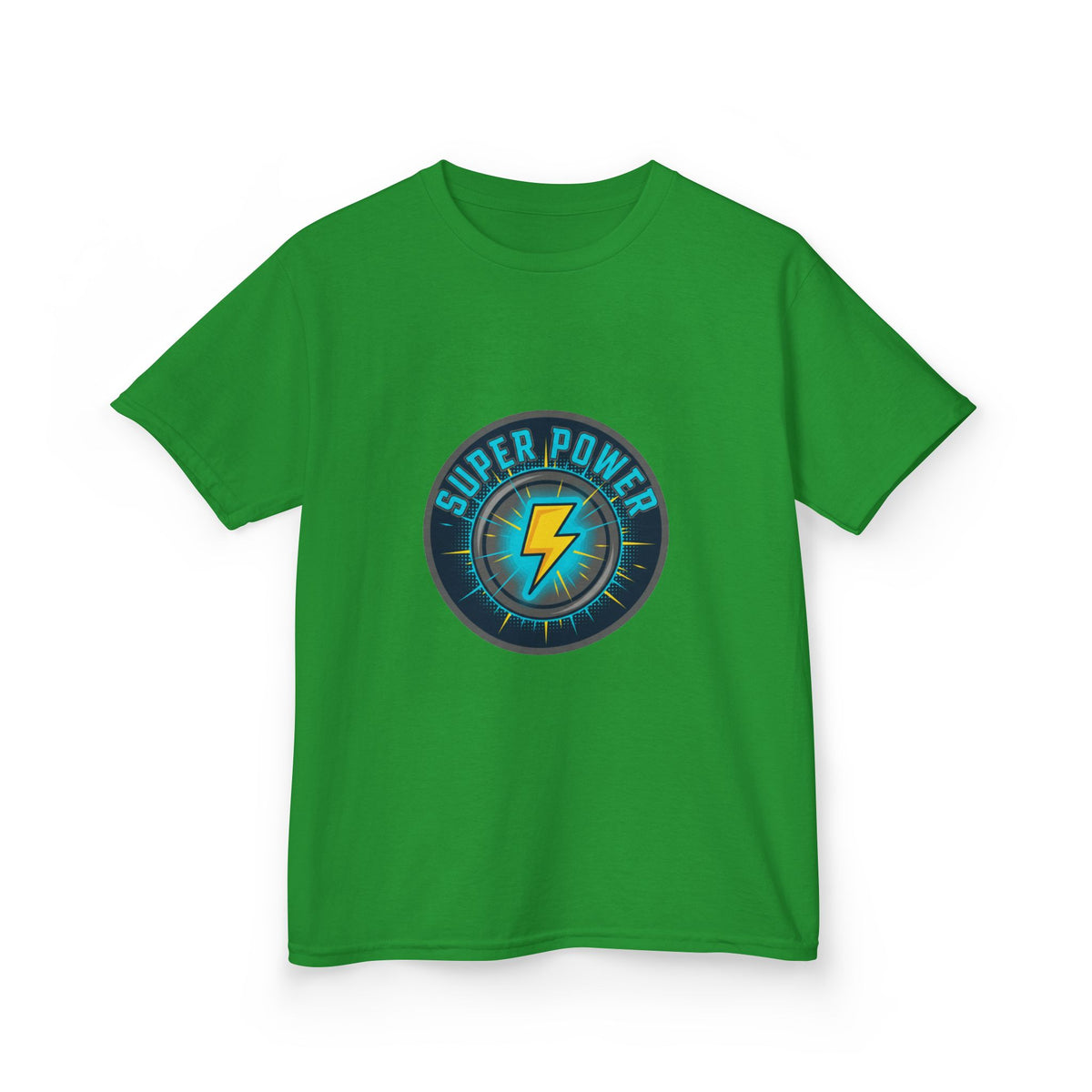 Kids Super Power T-Shirt — Lightning Bolt Badge & Running Superhero Graphic