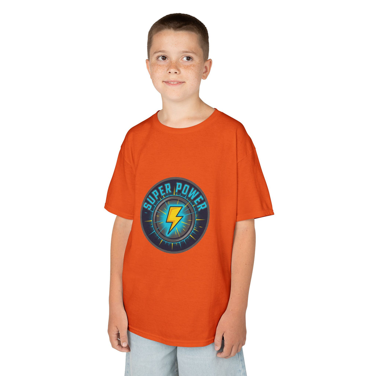Kids Super Power T-Shirt — Lightning Bolt Badge & Running Superhero Graphic