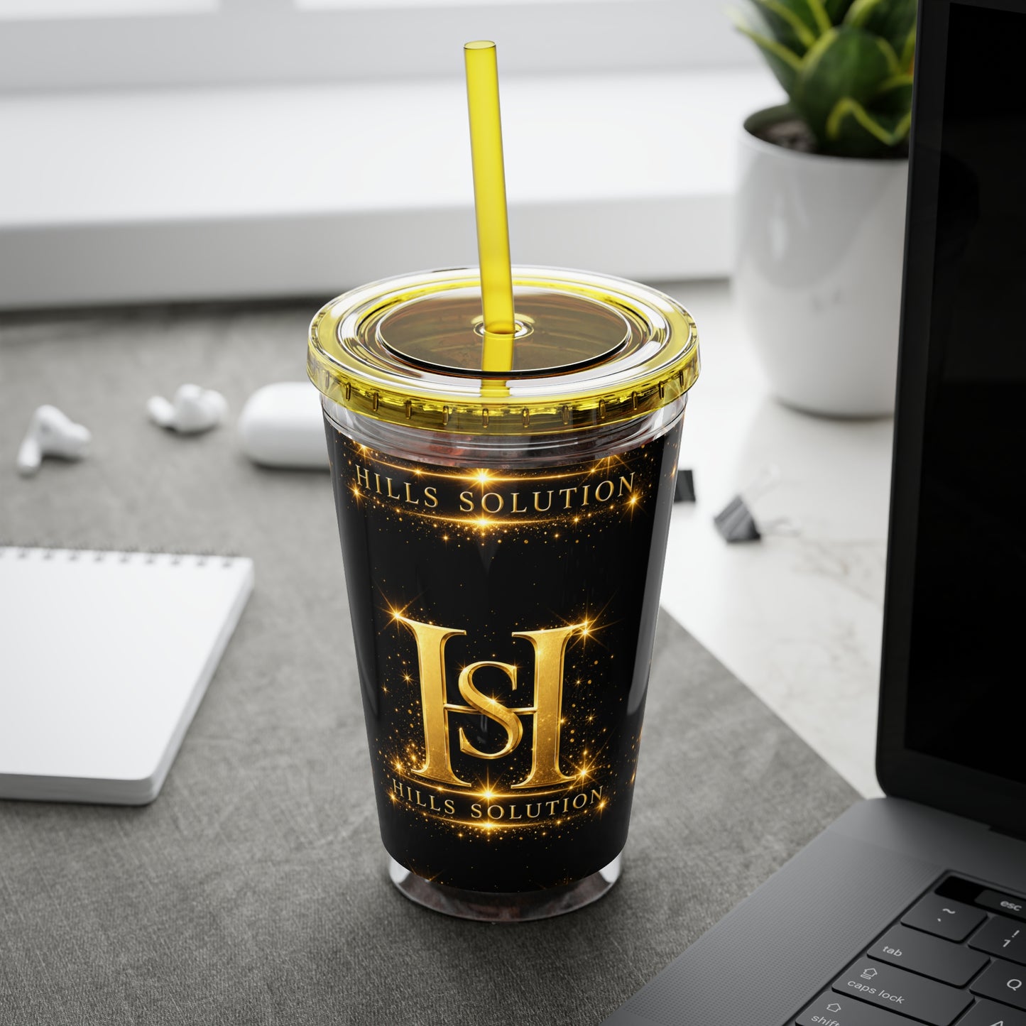 16oz Sunsplash Straw Tumbler — Gold 'HS' Logo Insulated Cup