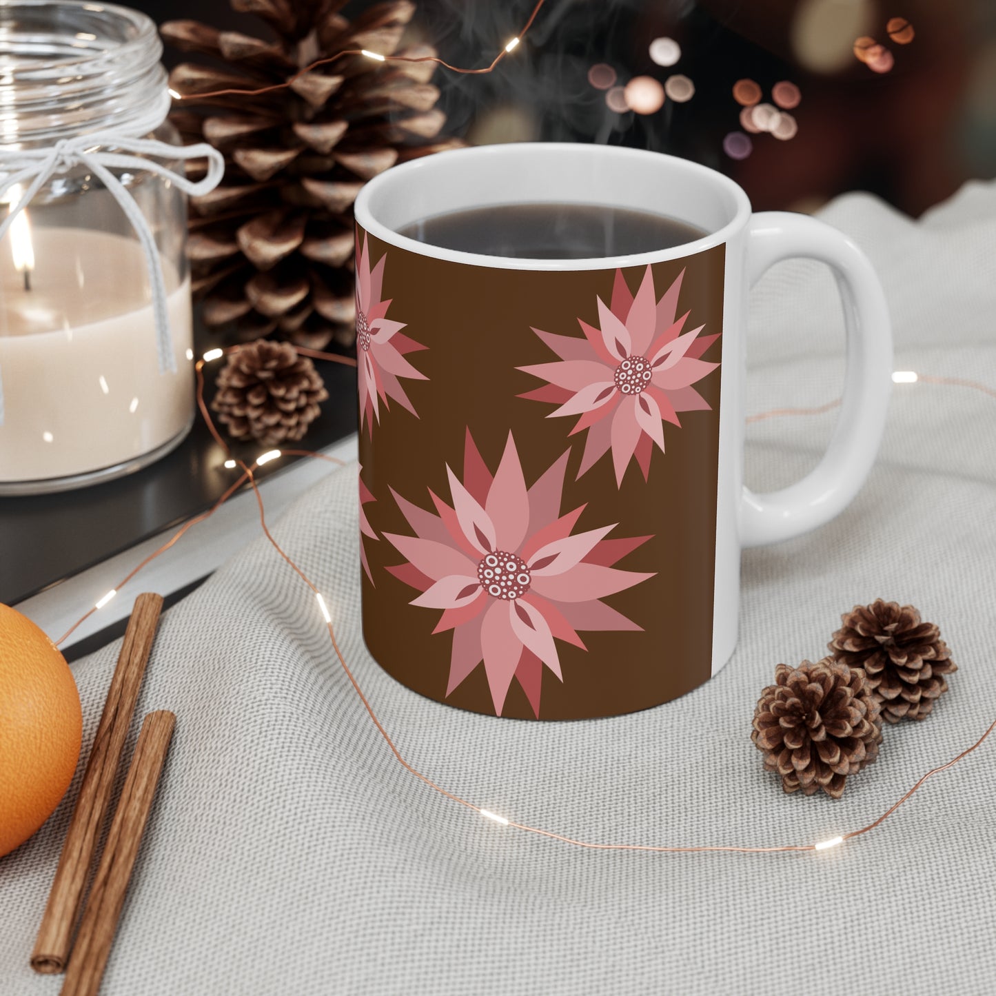 Floral Ceramic Coffee Mug — Pink Poinsettia Pattern (11oz & 15oz)
