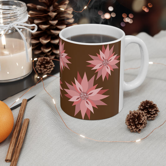 Floral Ceramic Coffee Mug — Pink Poinsettia Pattern (11oz & 15oz)