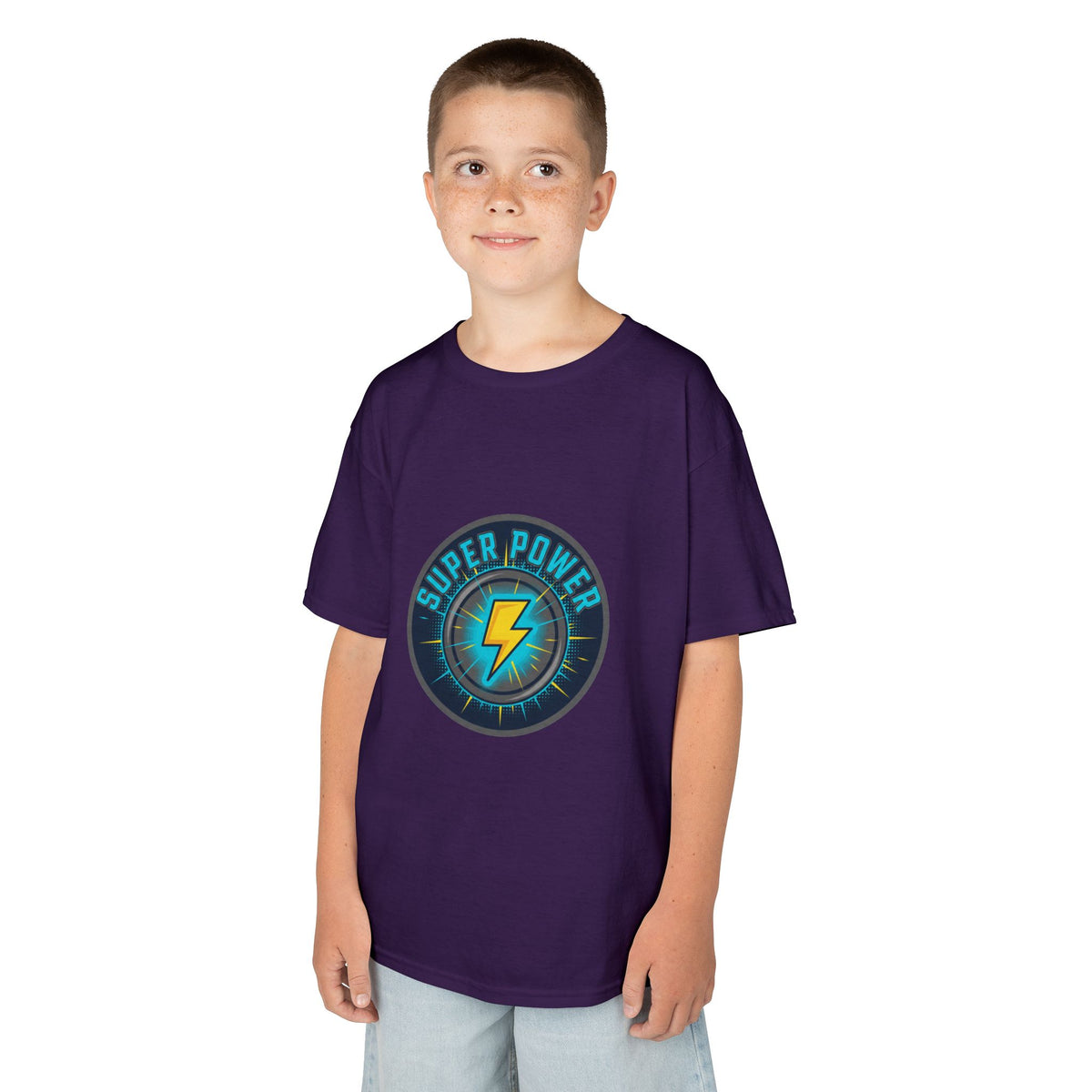 Kids Super Power T-Shirt — Lightning Bolt Badge & Running Superhero Graphic