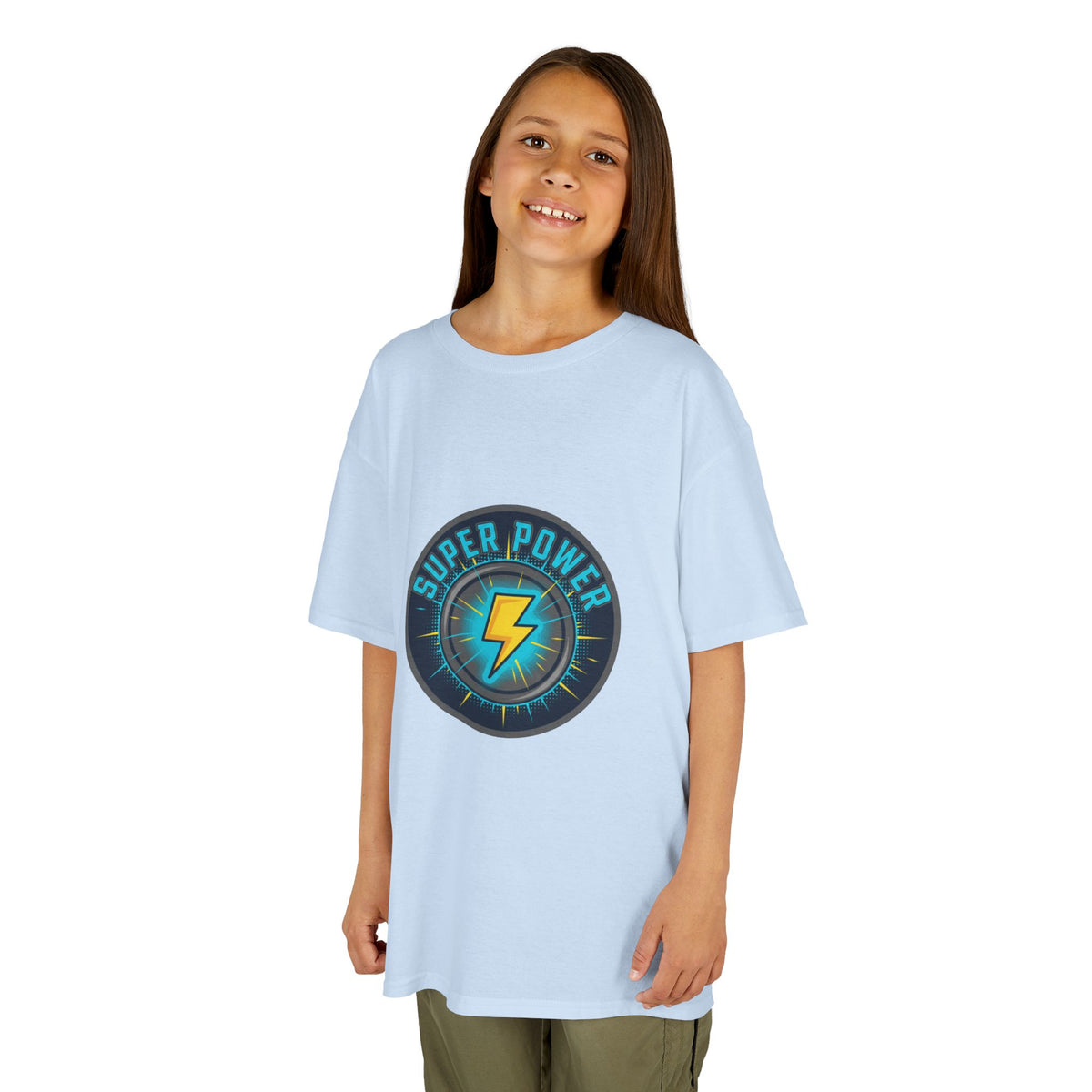 Kids Super Power T-Shirt — Lightning Bolt Badge & Running Superhero Graphic