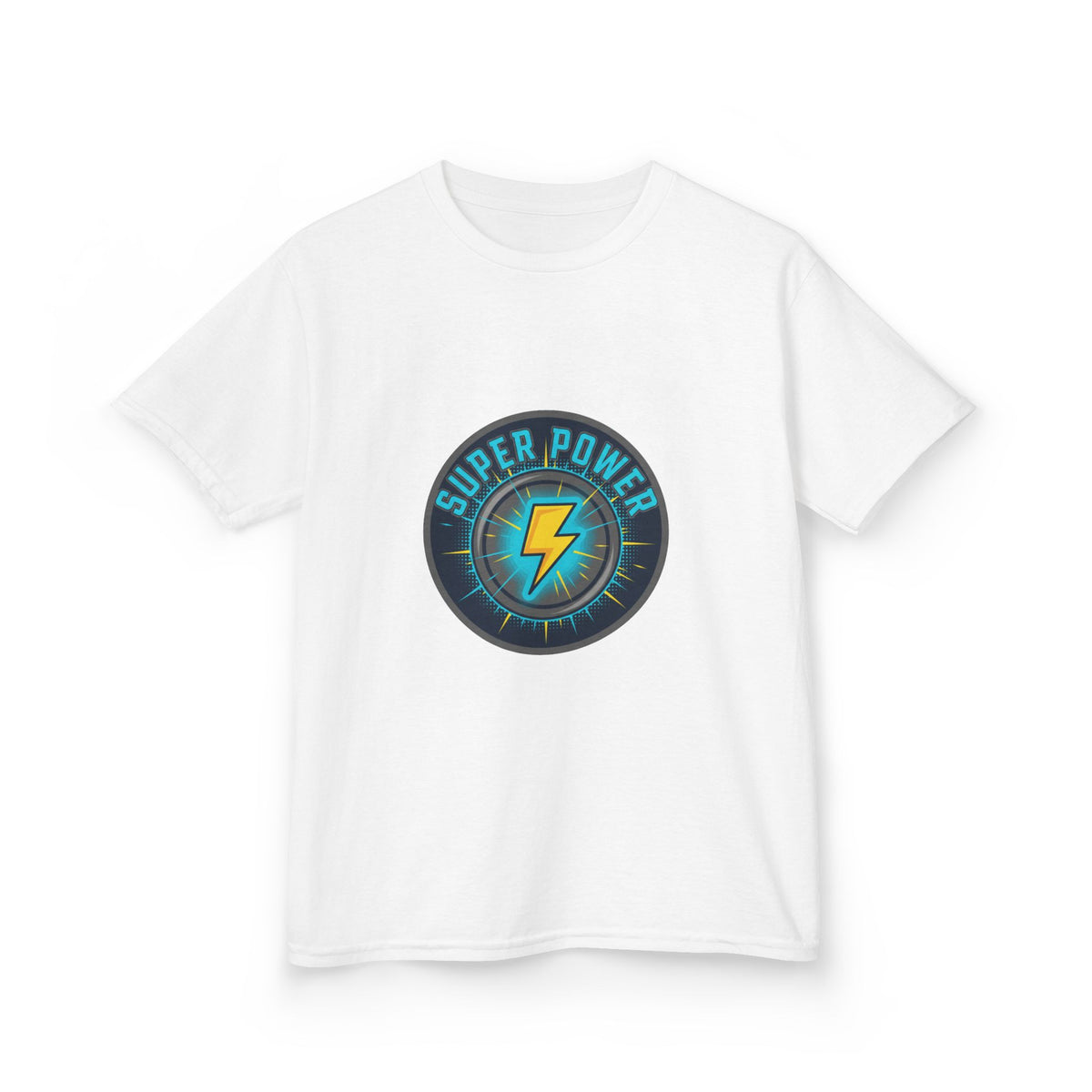 Kids Super Power T-Shirt — Lightning Bolt Badge & Running Superhero Graphic