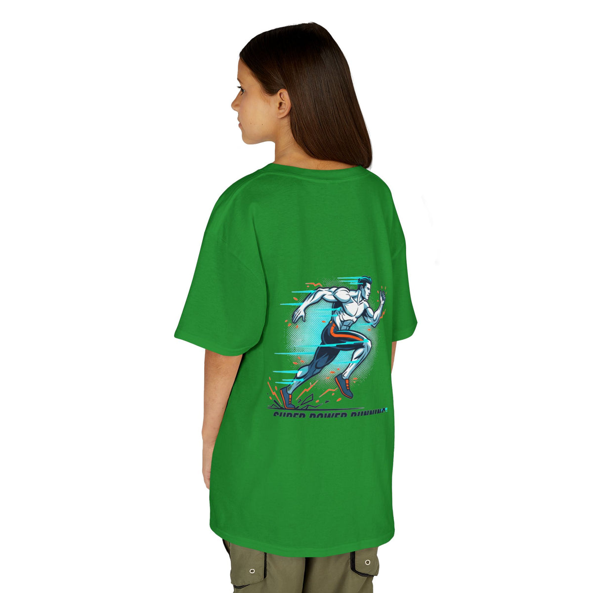 Kids Super Power T-Shirt — Lightning Bolt Badge & Running Superhero Graphic