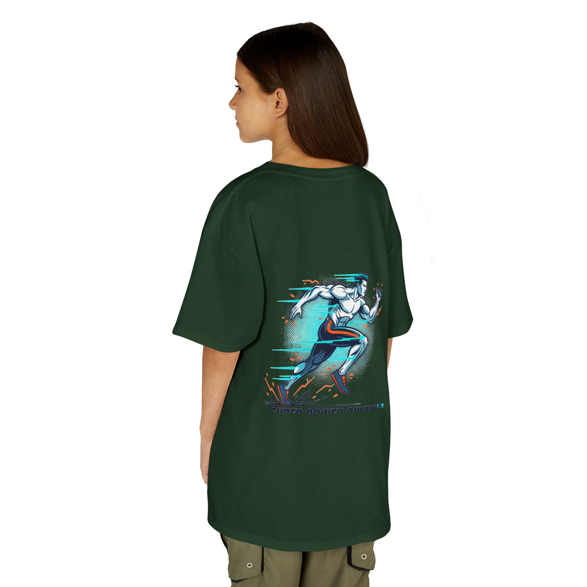 Kids Super Power T-Shirt — Lightning Bolt Badge & Running Superhero Graphic