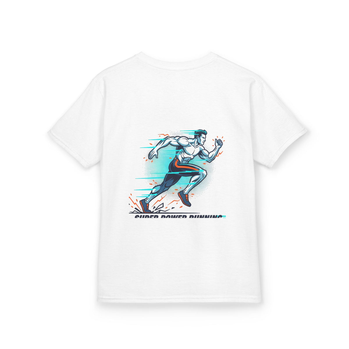 Kids Super Power T-Shirt — Lightning Bolt Badge & Running Superhero Graphic