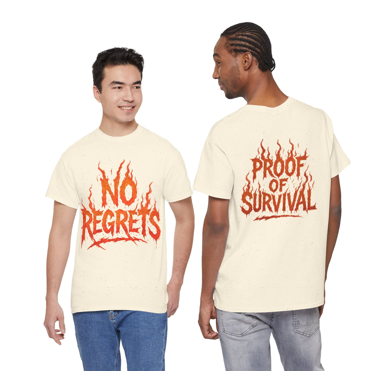 Graphic Tee — 'No Regrets' / 'Proof of Survival' Flame Text Shirt