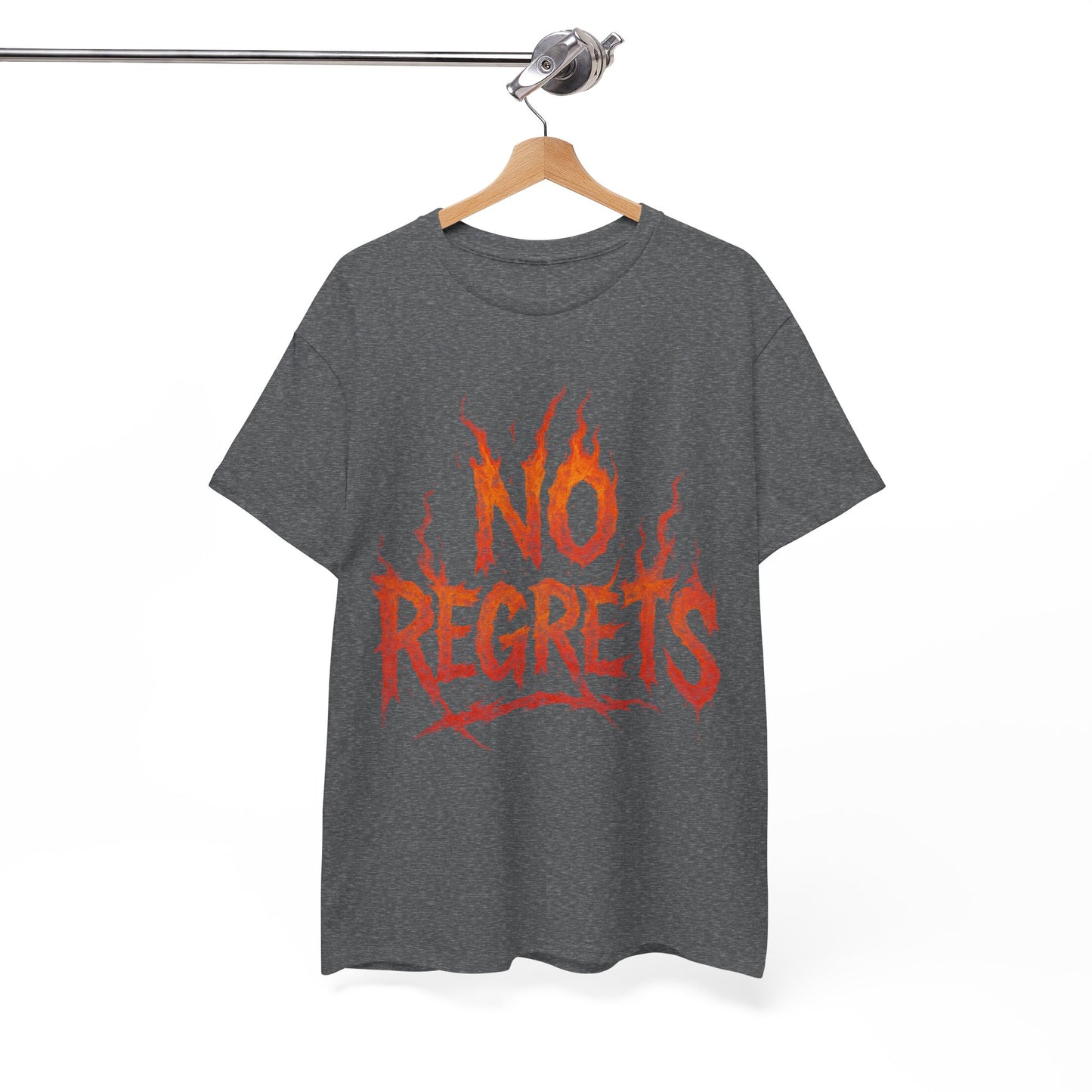 Graphic Tee — 'No Regrets' / 'Proof of Survival' Flame Text Shirt