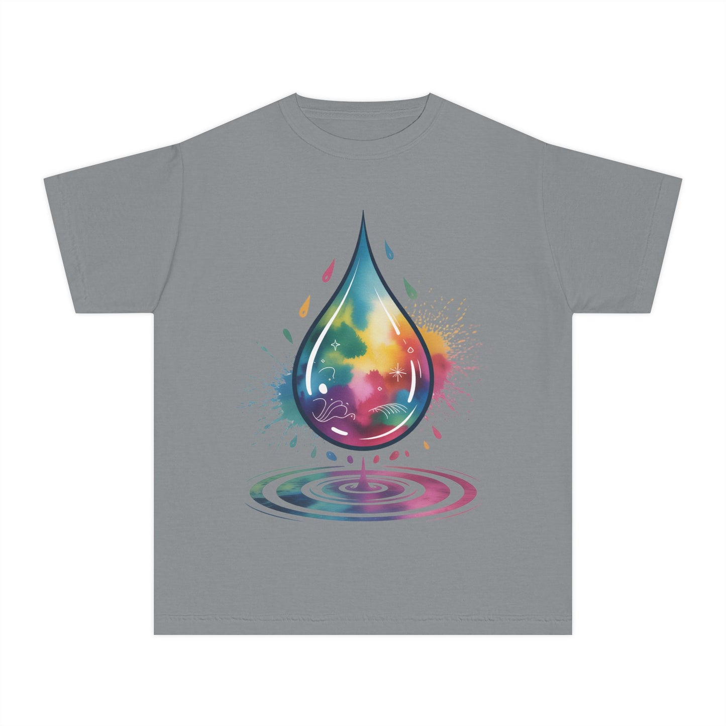 Colorful Nature Youth Tee - Artistic Water Droplet & Whimsical Deer Design