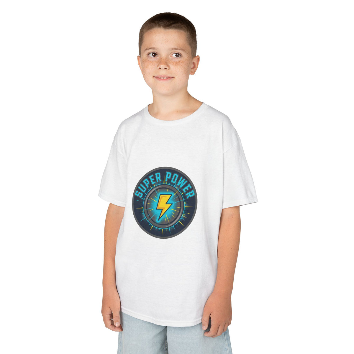 Kids Super Power T-Shirt — Lightning Bolt Badge & Running Superhero Graphic