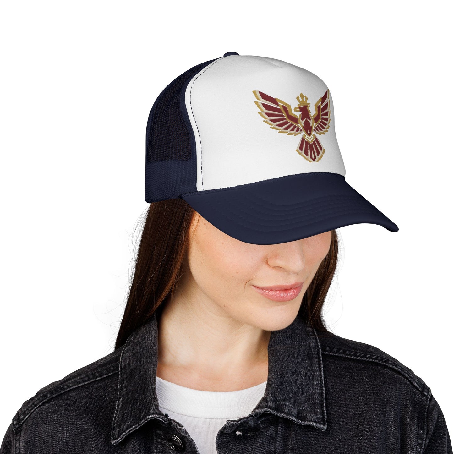 Phoenix Emblem Trucker Cap — Retro Red & Gold Bird Patch Hat