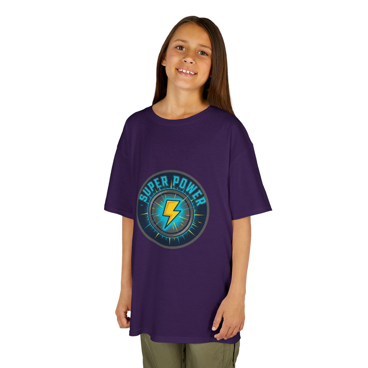 Kids Super Power T-Shirt — Lightning Bolt Badge & Running Superhero Graphic